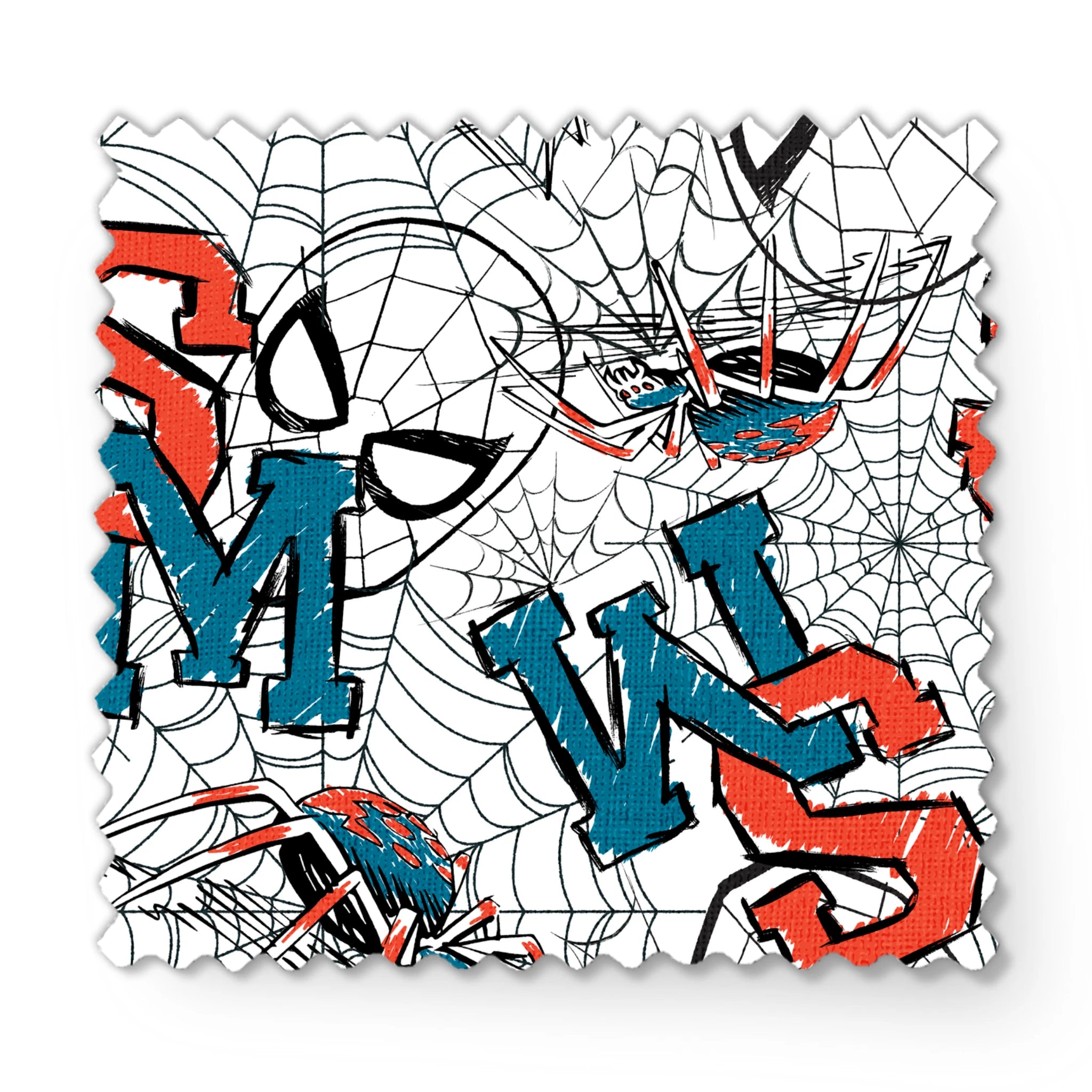 Abstract design with blue and red letters (S, M, K) overlaid with black spider web patterns on white background fabric swatch mockup