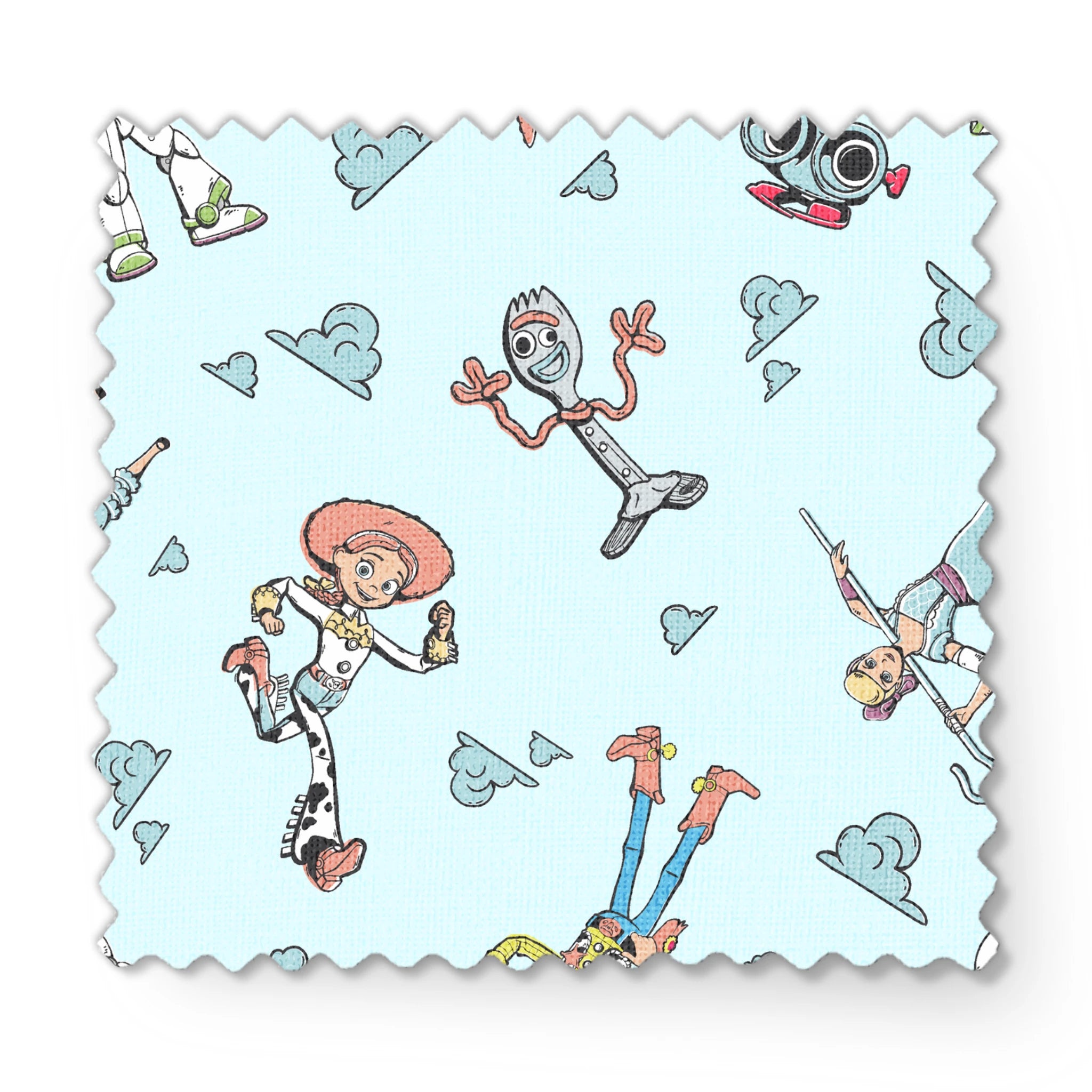 Cartoon characters from "Toy Story" floating on light blue background with cloud patterns fabric swatch mockup