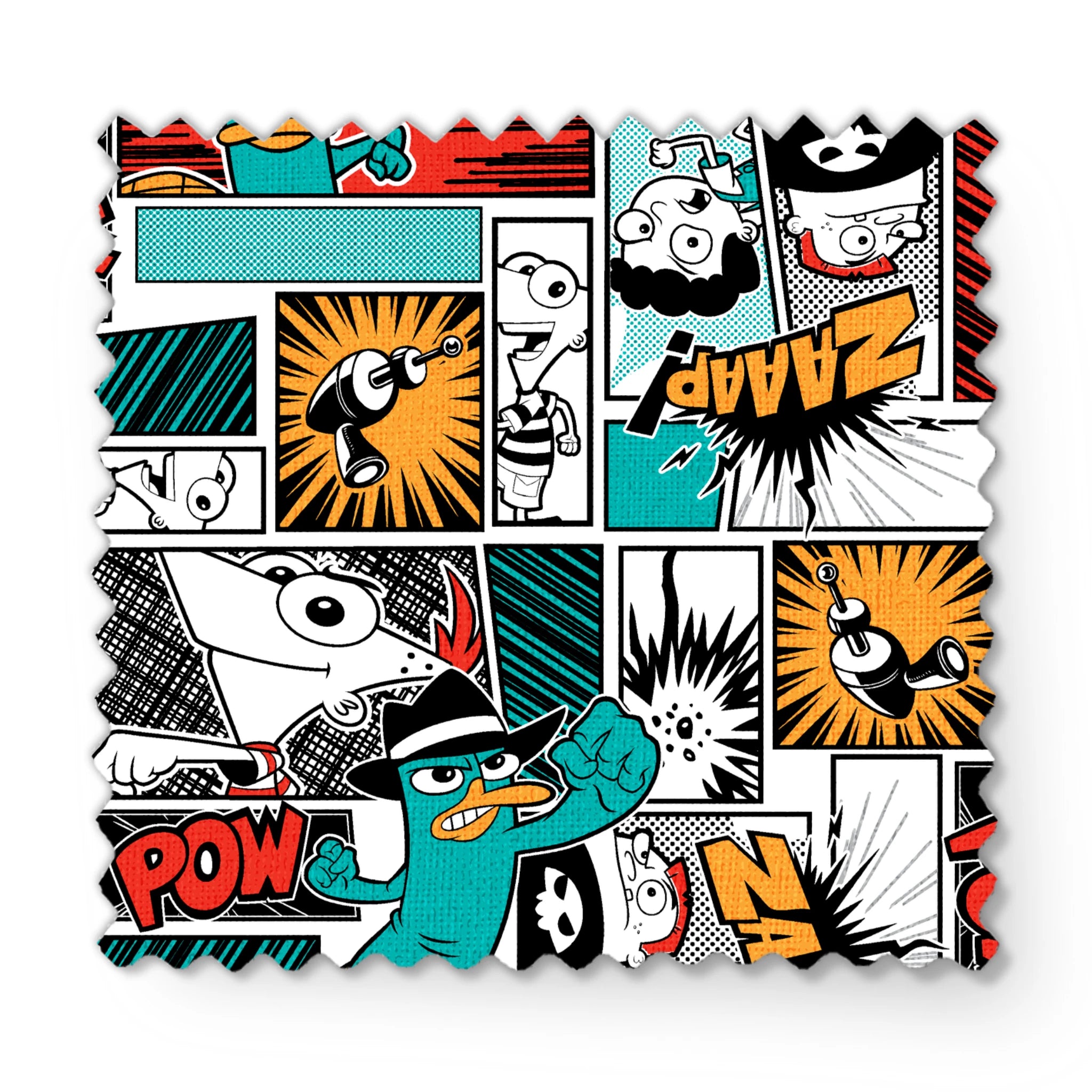 Comic book style pattern with colorful panels featuring sound effects like POW, BANG, and WHAM on red, blue, and black backgrounds fabric swatch mockup