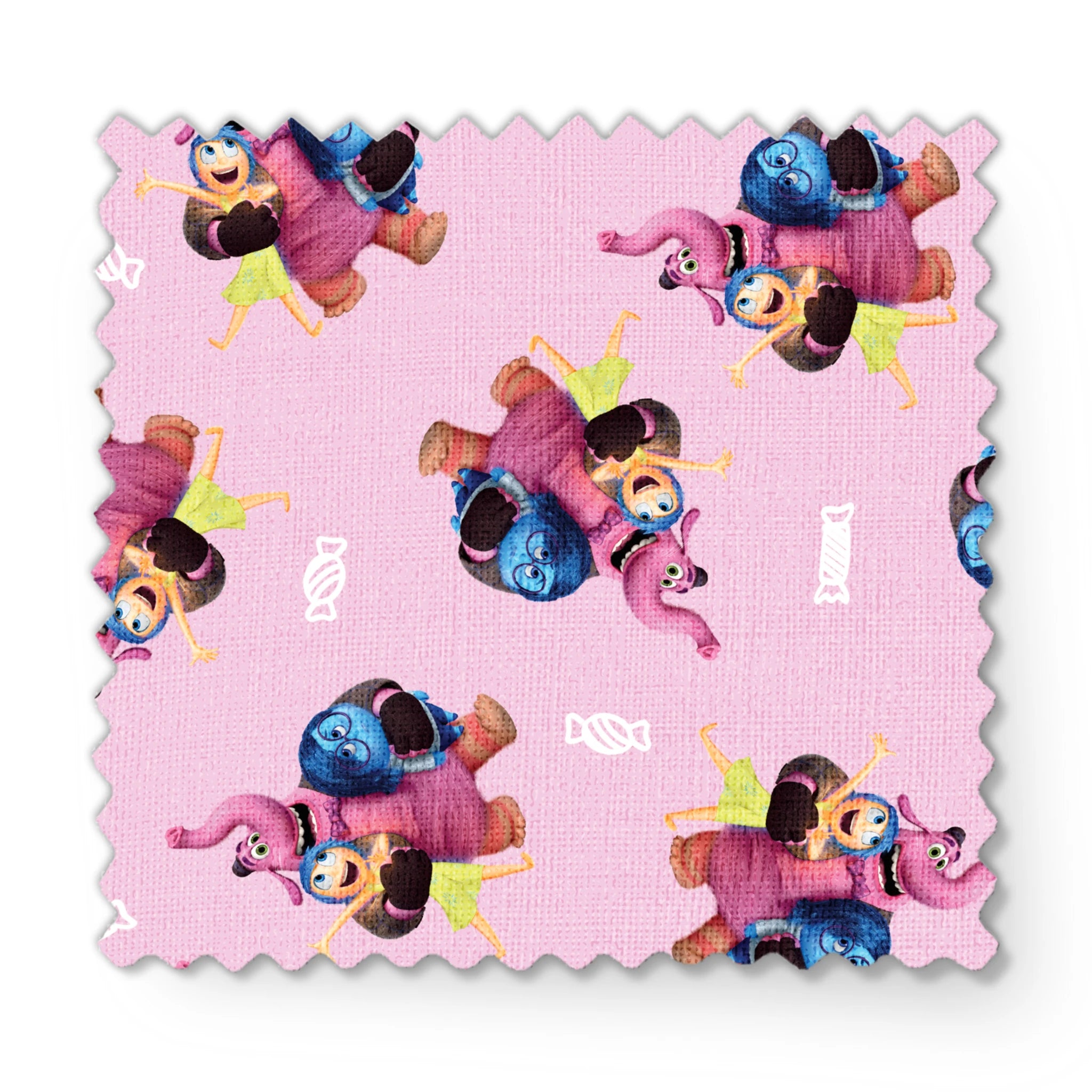 Repeating pattern of Inside Out characters on a lavender background fabric swatch mockup