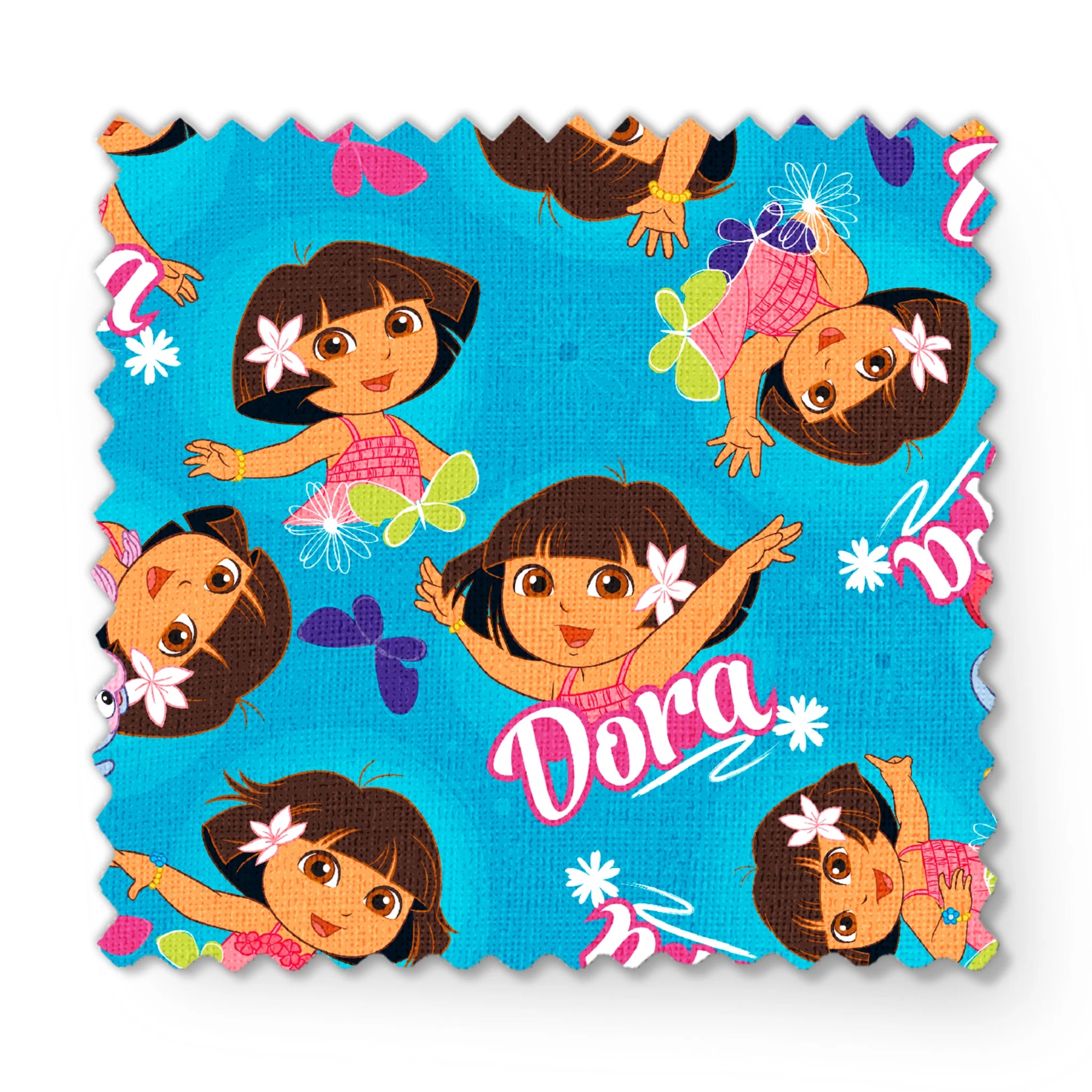 Bright blue pattern with cartoon character Dora, flowers, and "Dora" text repeated throughout fabric swatch mockup
