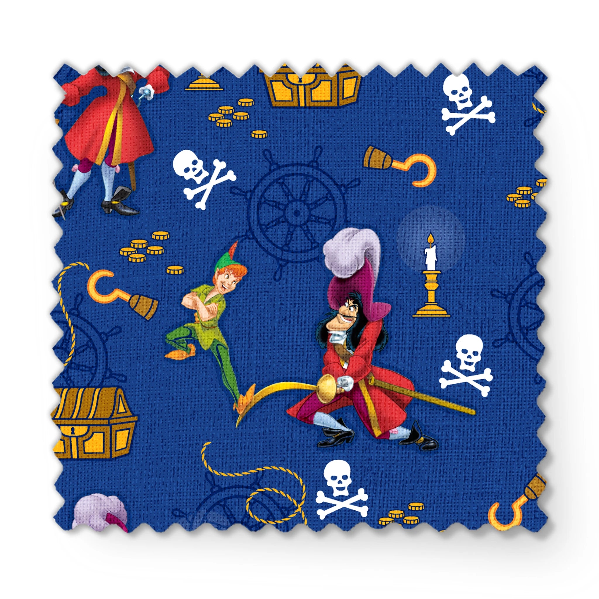 Pirate-themed pattern with captains, treasure chests, hooks, and skull symbols on blue background fabric swatch mockup