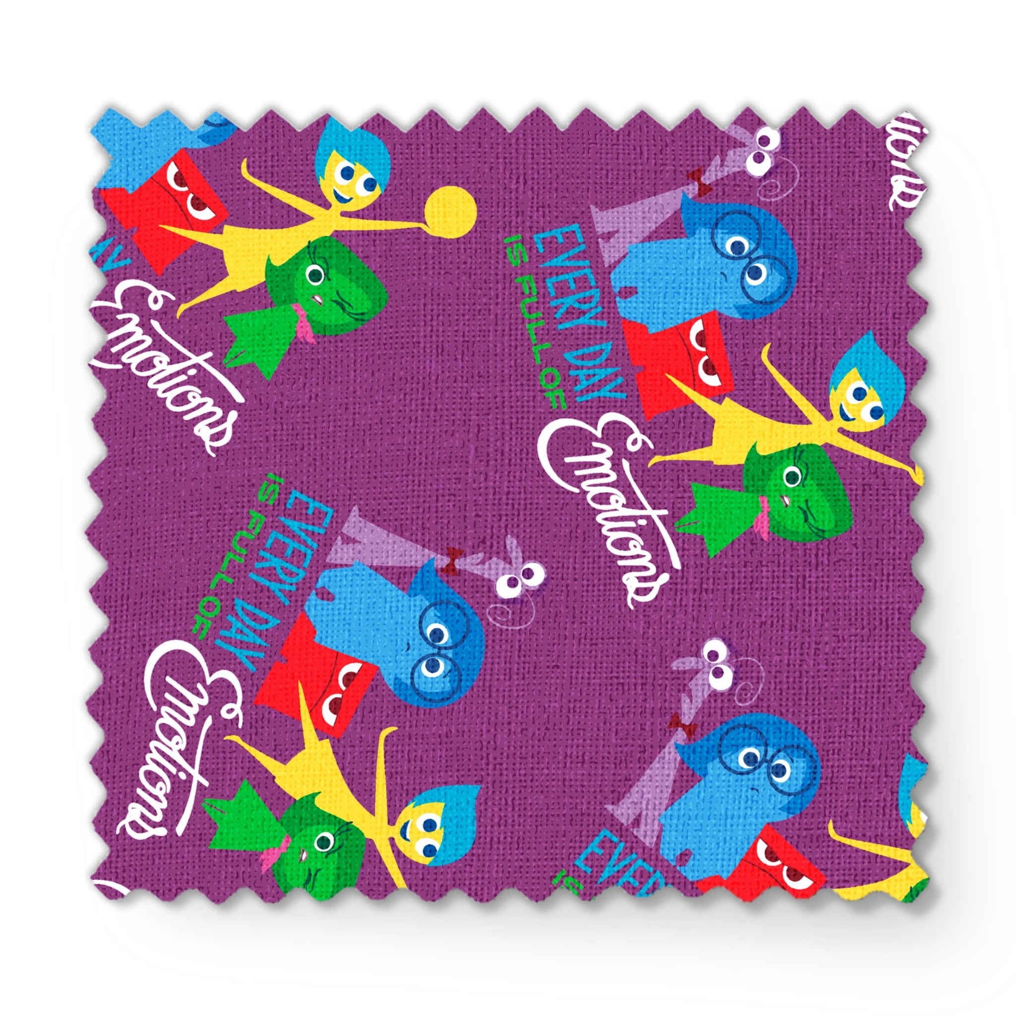 Purple background with repeating pattern of Inside Out characters - Joy, Sadness, Anger, Disgust, Fear, and text elements. fabric swatch mockup