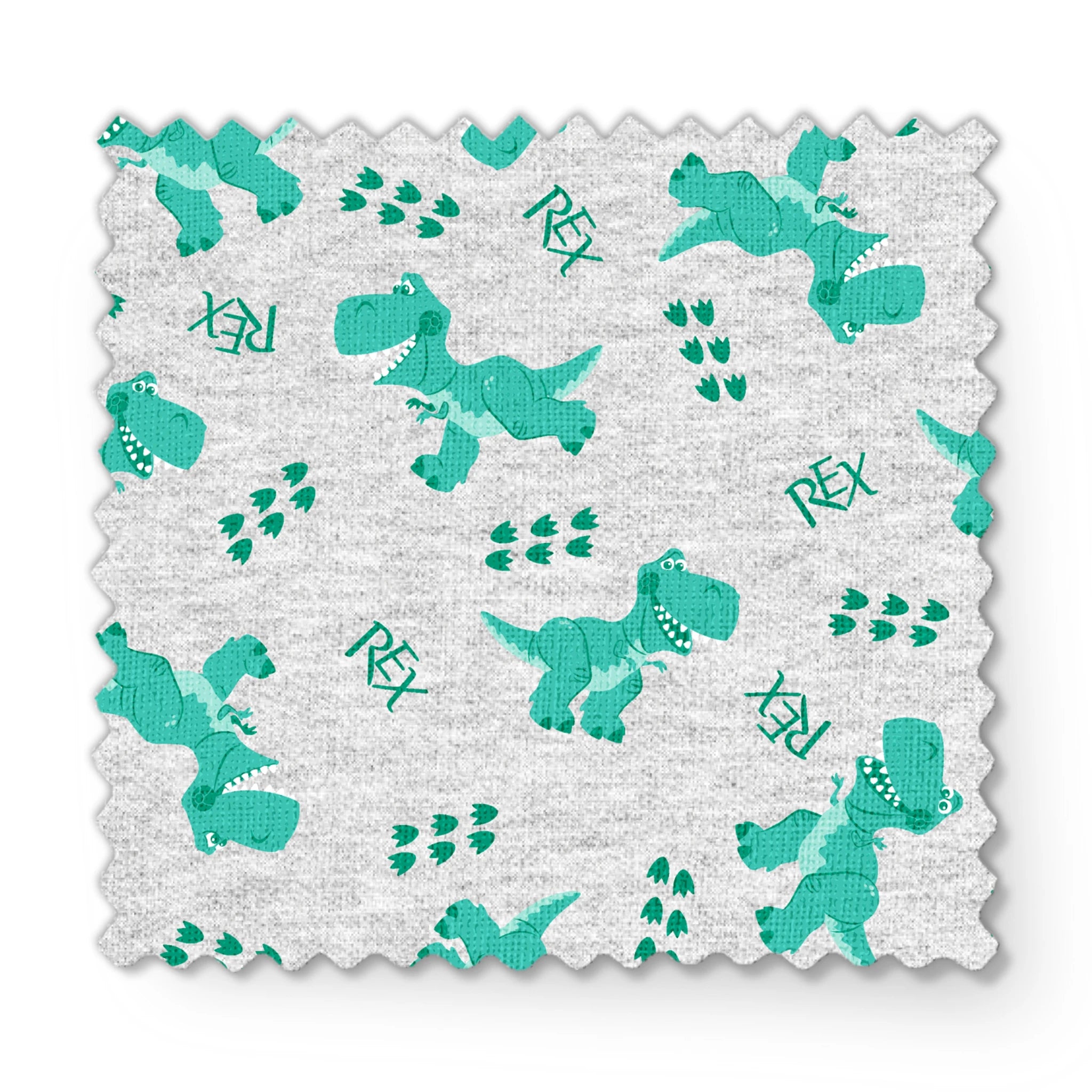 Playful Toy Story' Rex pattern on light gray heathered background fabric swatch mockup