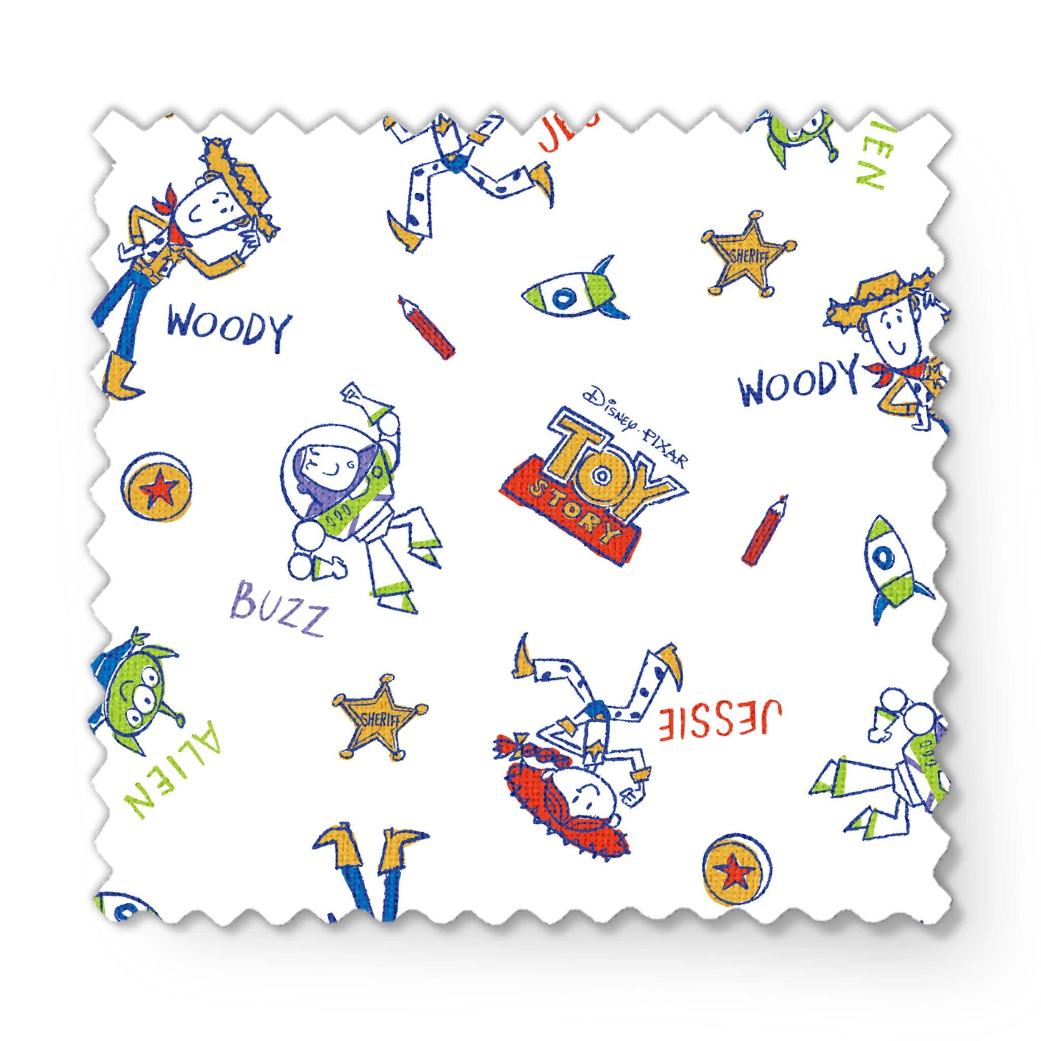 Toy Story pattern with Buzz Lightyear and Woody characters, stars, and spaceships on white background fabric swatch mockup
