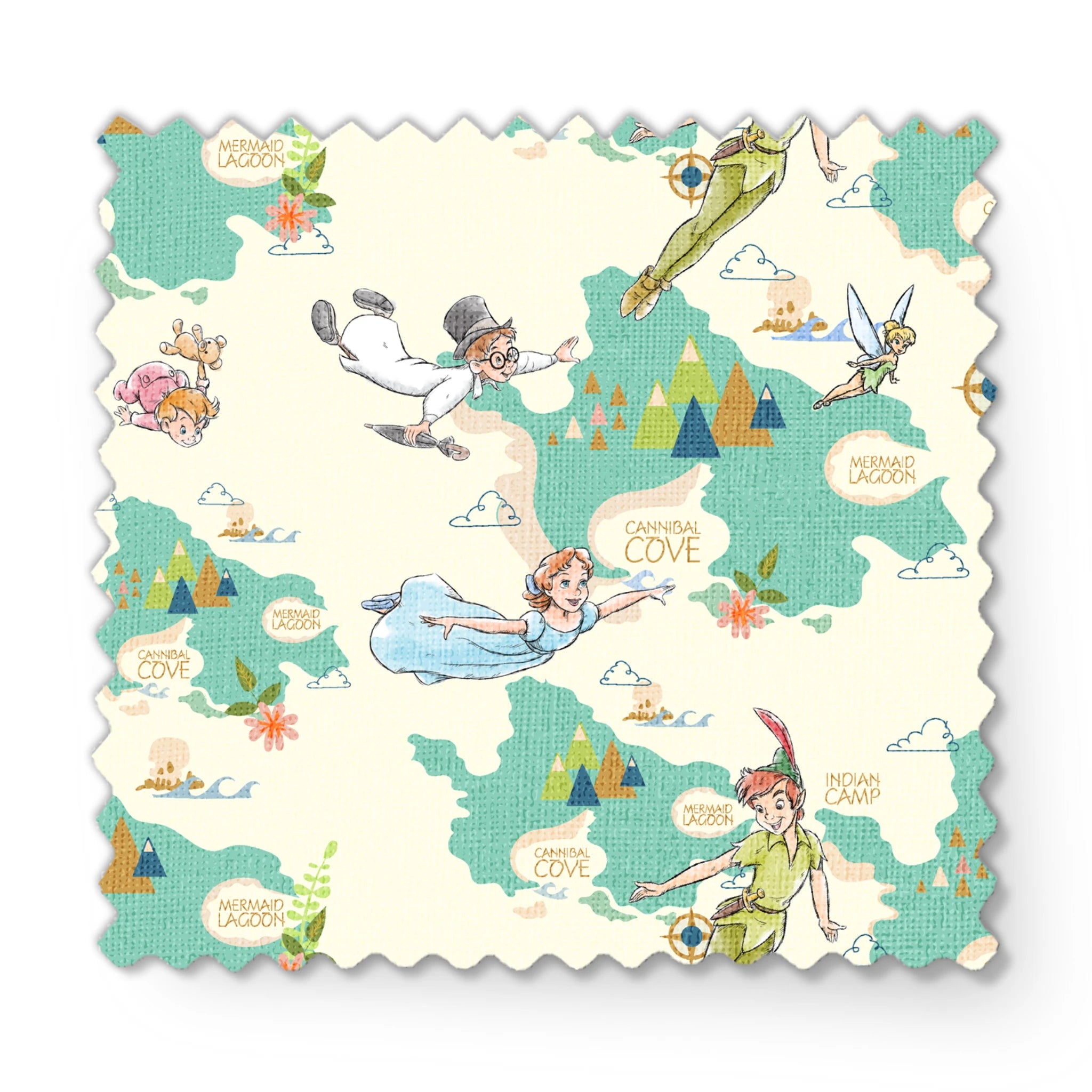 This is a whimsical Peter Pan themed pattern featuring characters flying through a turquoise sky with geometric mountains and text bubbles showing "Mermaid Cove" locations. fabric swatch mockup