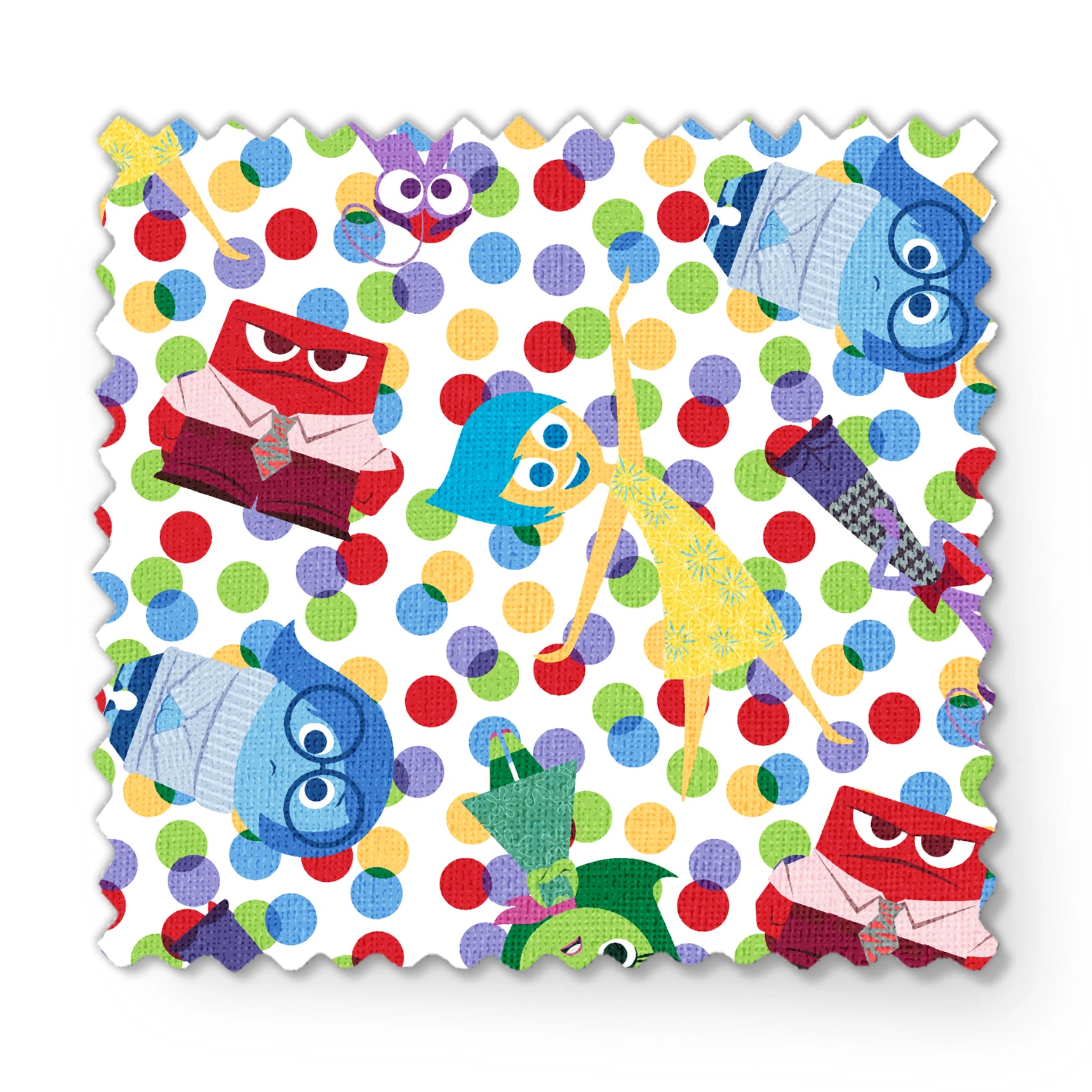 Colorful pattern of animated character heads from Inside Out movie on polka dot background fabric swatch mockup