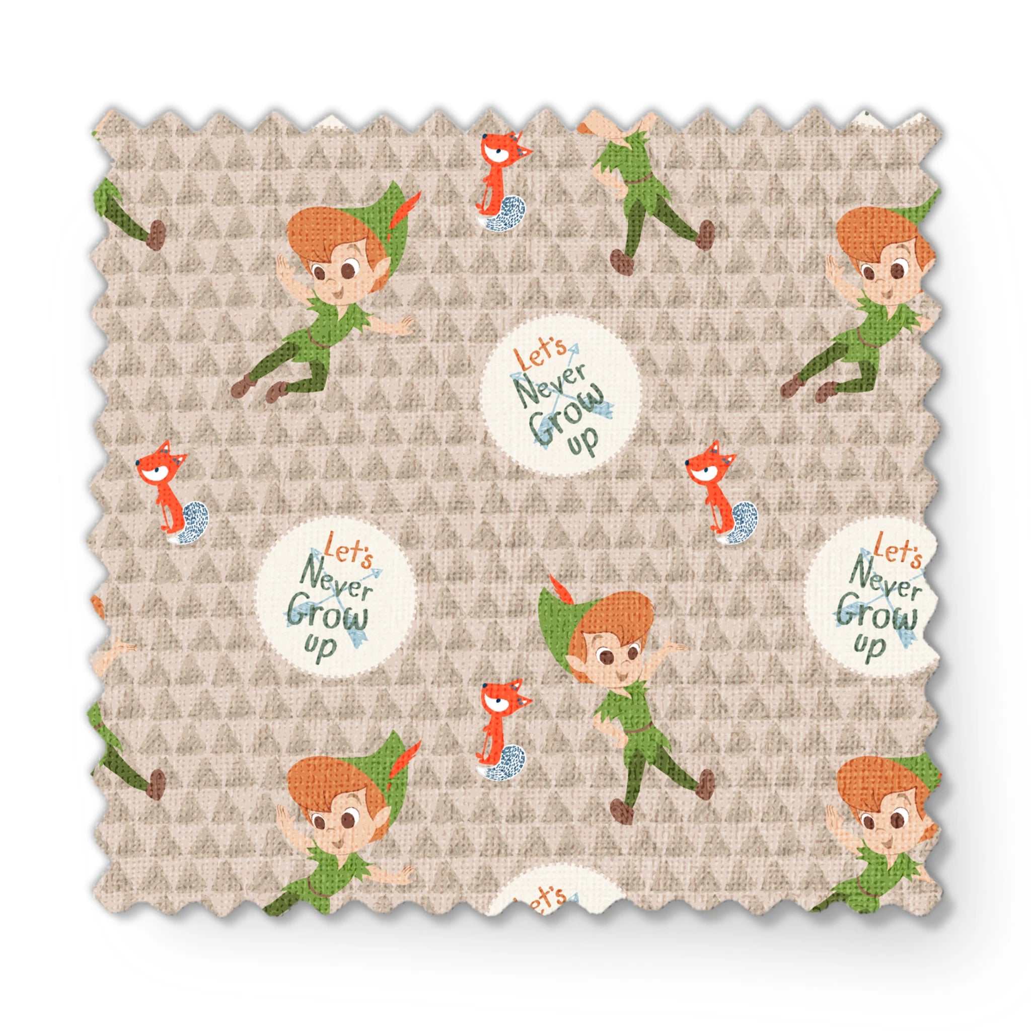 Cartoon pattern featuring Peter Pan character flying, orange foxes, and "Let's Never Grow Up" text on beige background fabric swatch mockup