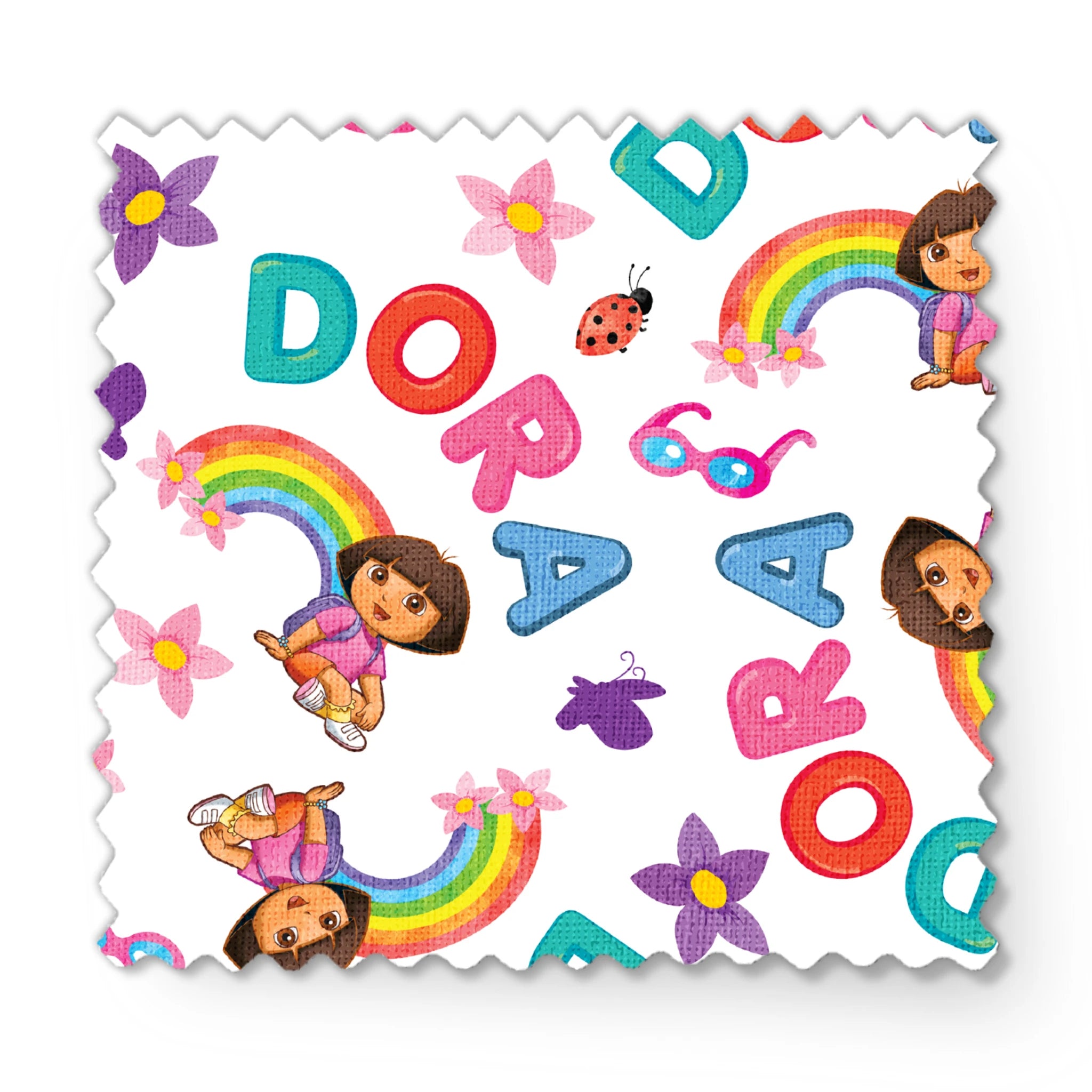 Colorful Dora pattern with rainbows, flowers, alongside scattered "DORA" letters on white background. fabric swatch mockup