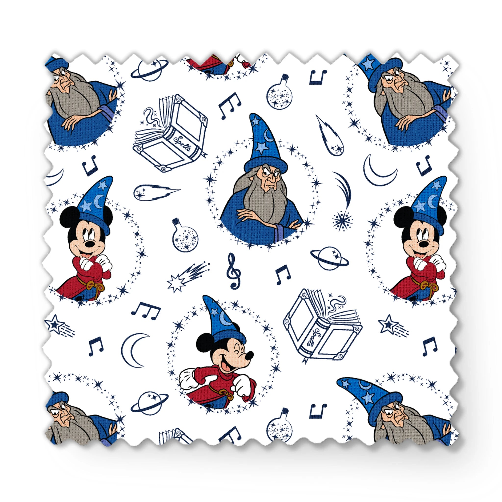 Disney's Fantasia pattern with Mickey Mouse in wizard hat, magical books, music notes, celestial elements on white background fabric swatch mockup