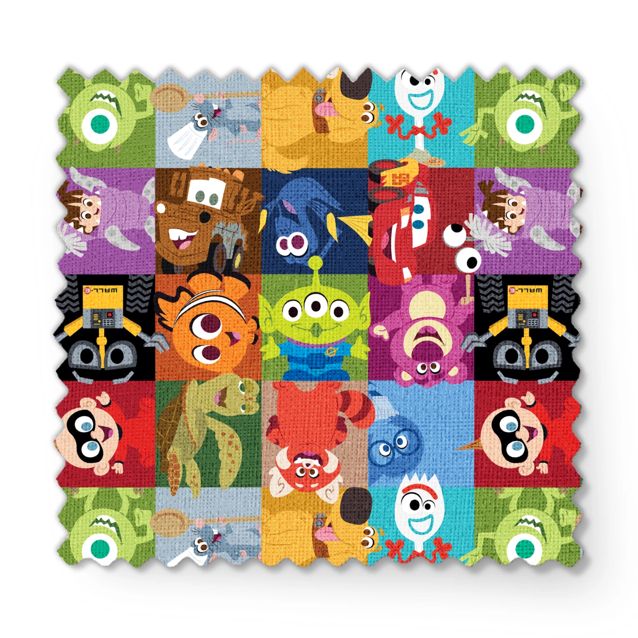 Grid of stylized Disney/Pixar characters including Mike Wazowski, Nemo, Wall-E, Lightning McQueen, Dory, and others in colorful squares fabric swatch mockup