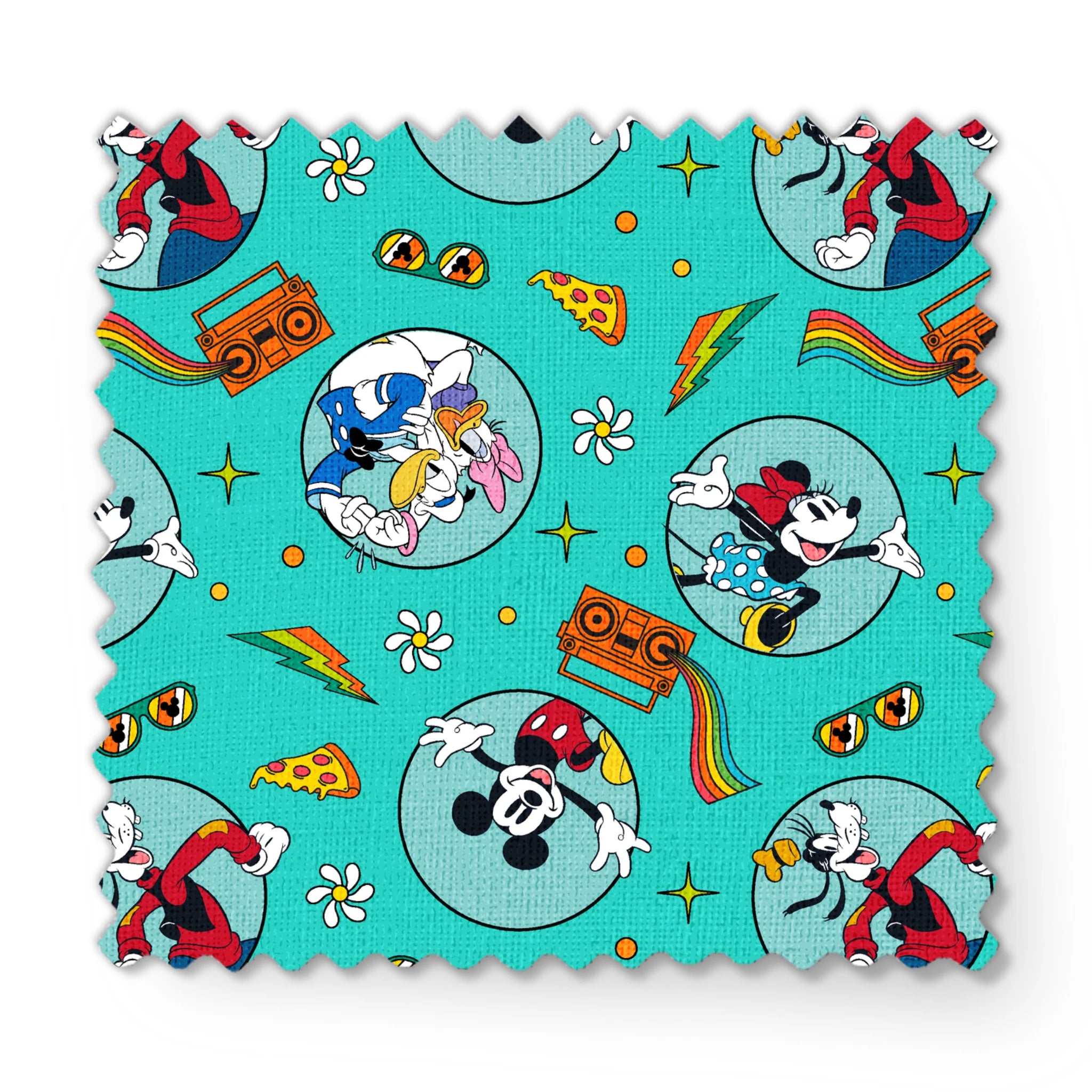 Colorful Mickey Mouse and friends pattern with pizza, boomboxes, sunglasses on teal background fabric swatch mockup