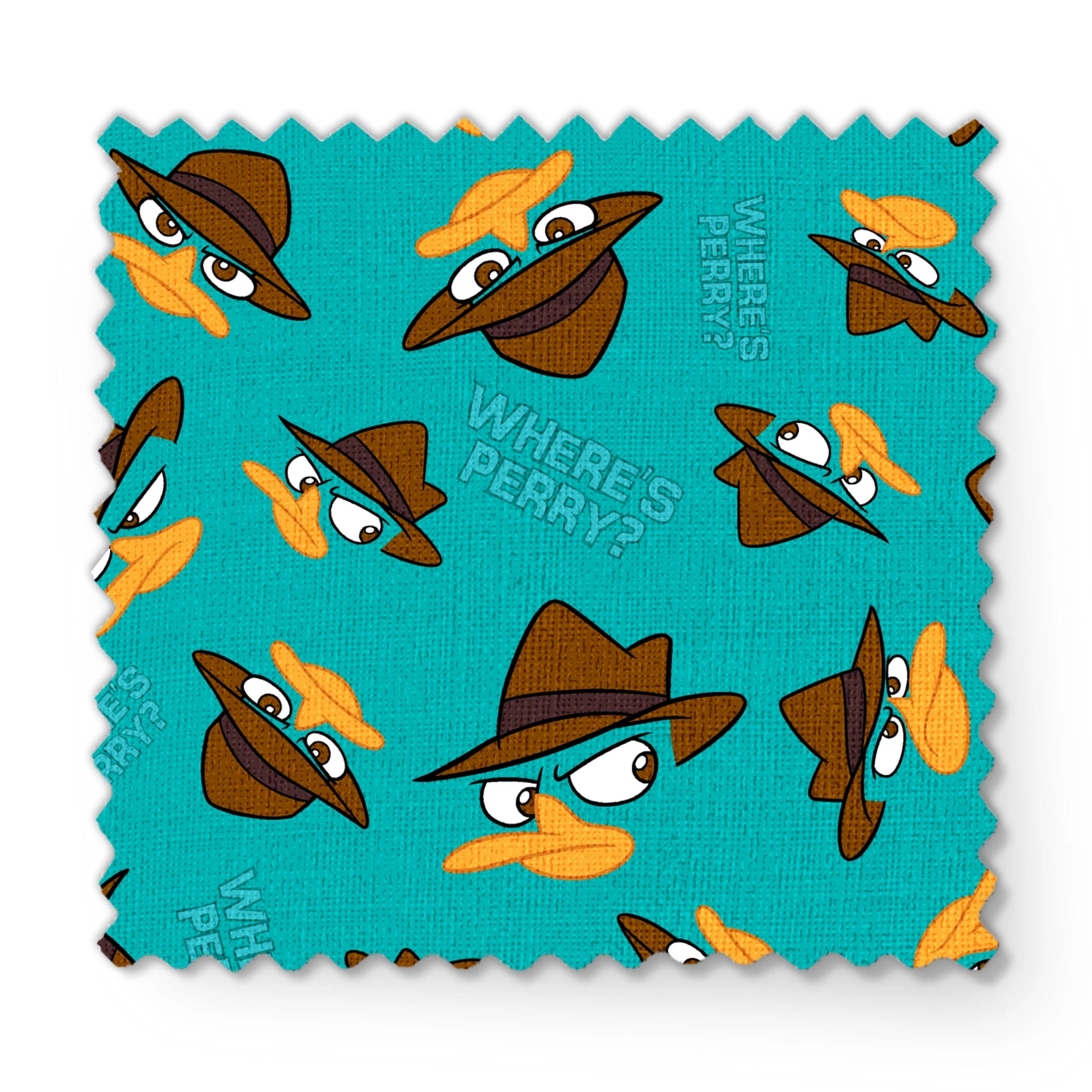 Pattern of cartoon character faces with brown fedora hats on teal background with "Where's Perry" text fabric swatch mockup