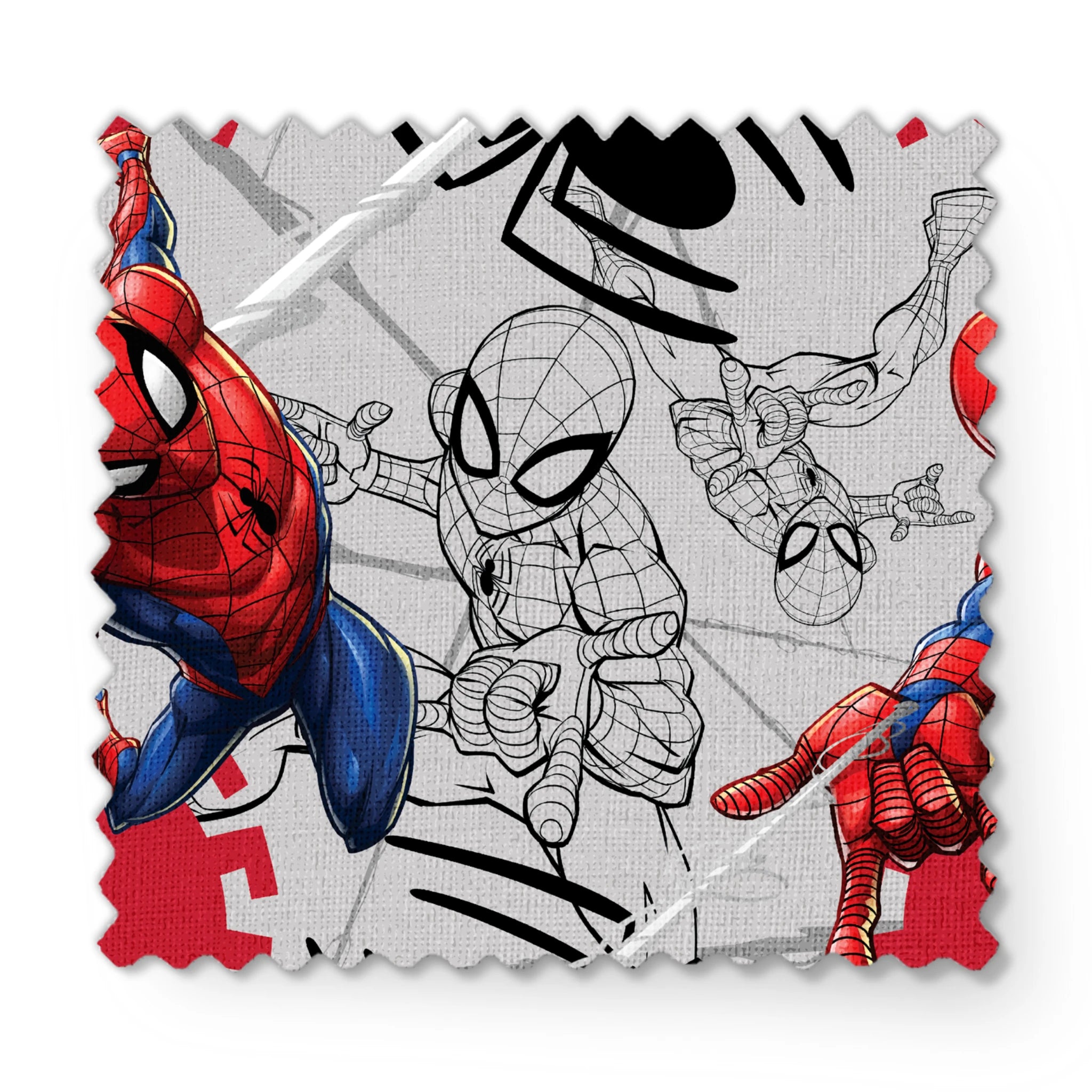 Spider-Man in various poses, including colored and line art illustrations on a red and gray background fabric swatch mockup