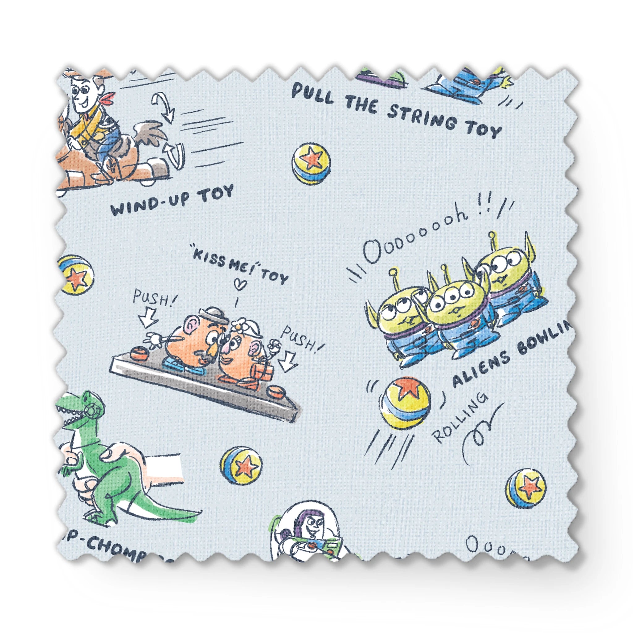 Illustrated Toy Story character designs showing wind-up, pull string, and action toys on light blue background fabric swatch mockup