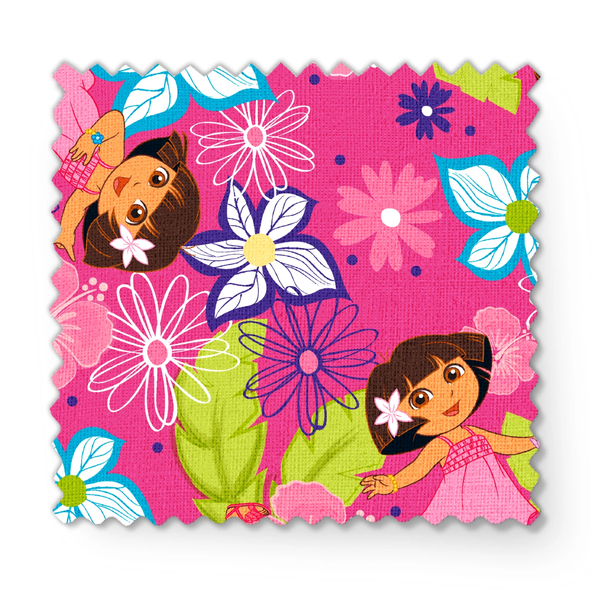 Colorful cartoon pattern with Dora the Explorer characters among vibrant flowers on pink background fabric swatch mockup