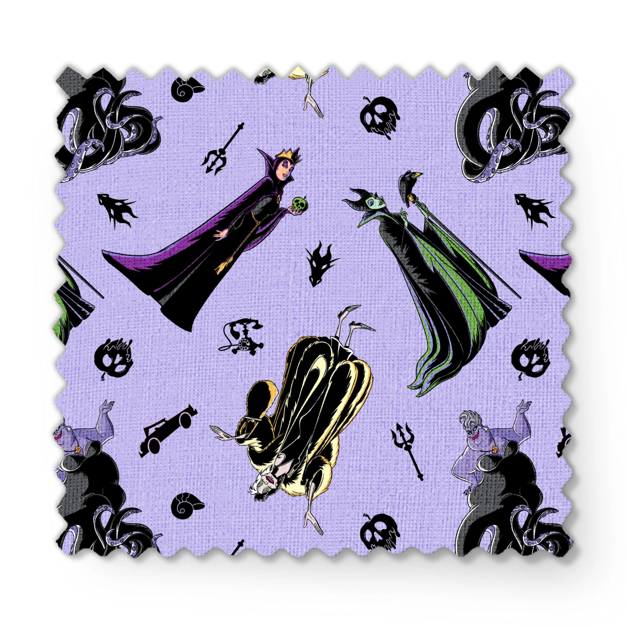 Disney villain characters pattern on purple background, featuring Maleficent and other iconic antagonists in stylized form fabric swatch mockup