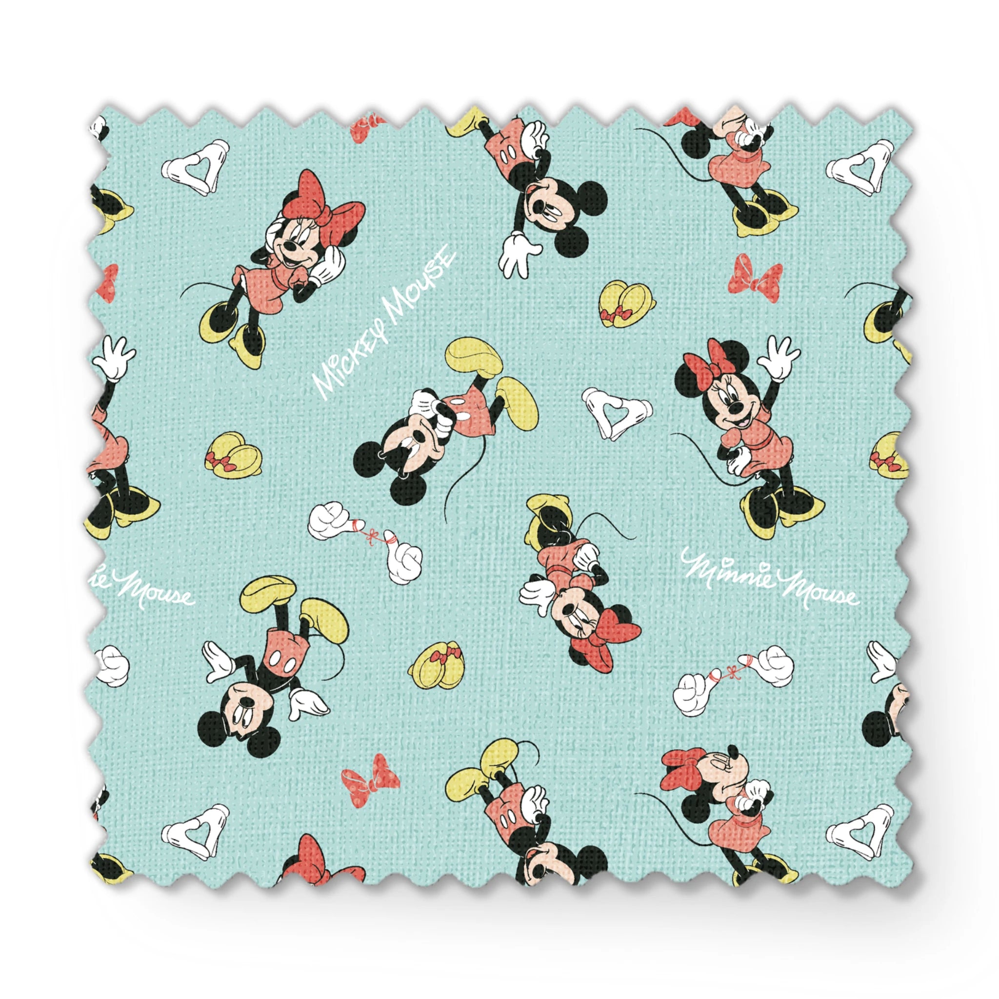 Mickey and Minnie Mouse pattern on light turquoise background with scattered characters, bows, and gloves fabric swatch mockup