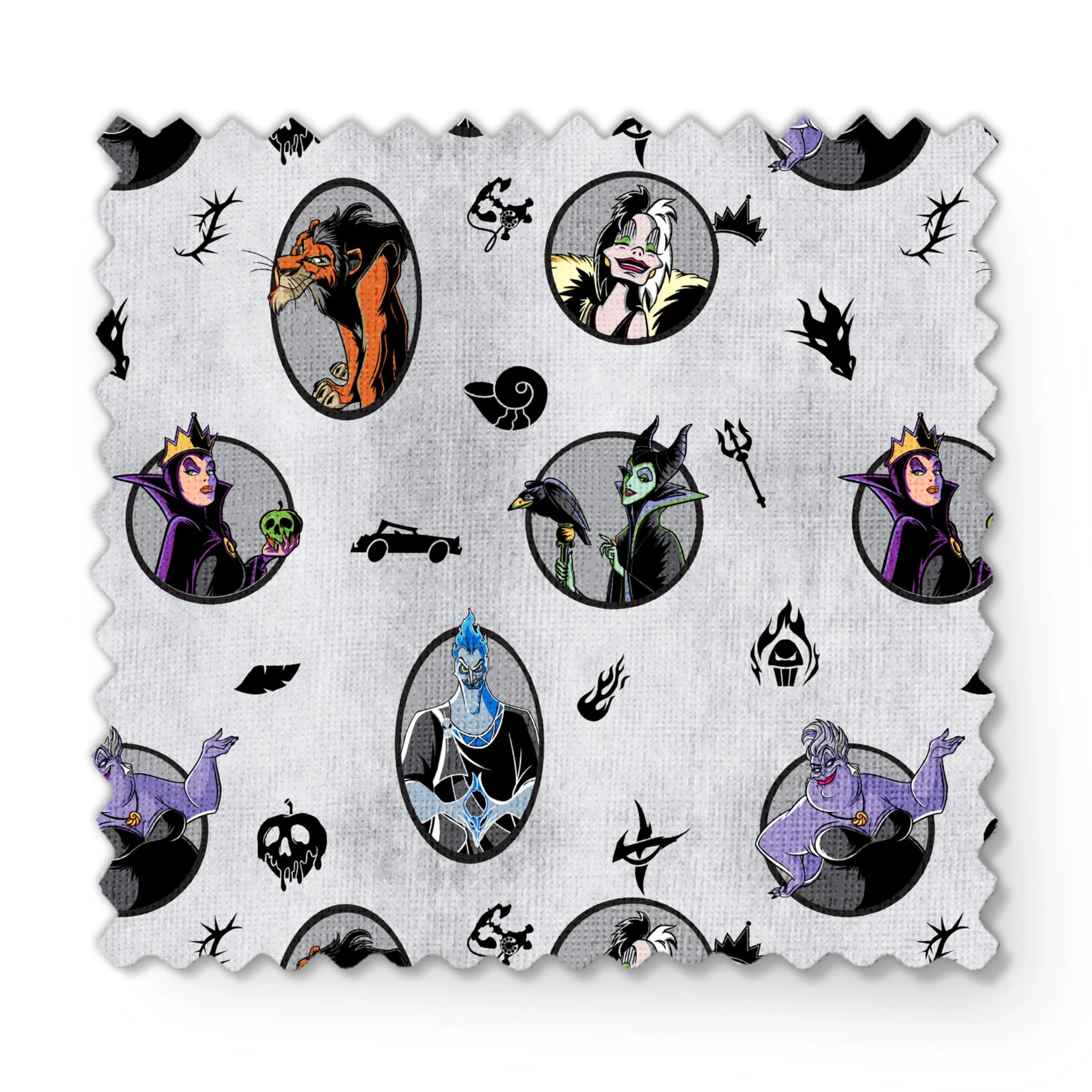 Disney villain characters in circular portraits on a gray background with spooky silhouette symbols fabric swatch mockup