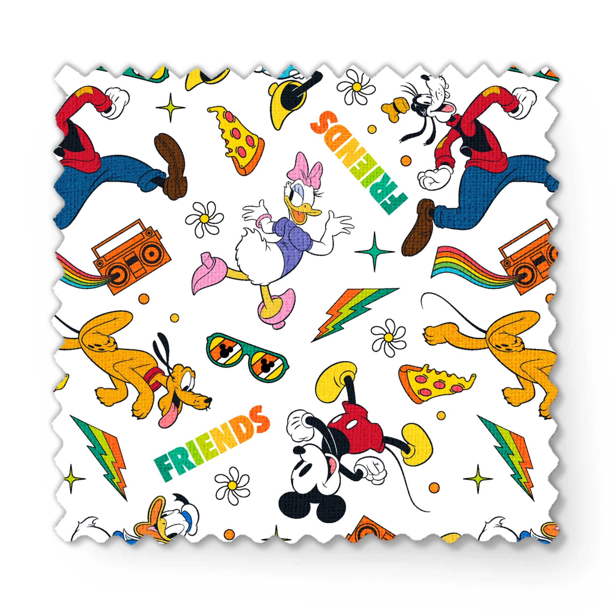 Cartoon pattern featuring classic Disney characters with radios, rainbows, sunglasses and "FRIENDS" text on white background. fabric swatch mockup