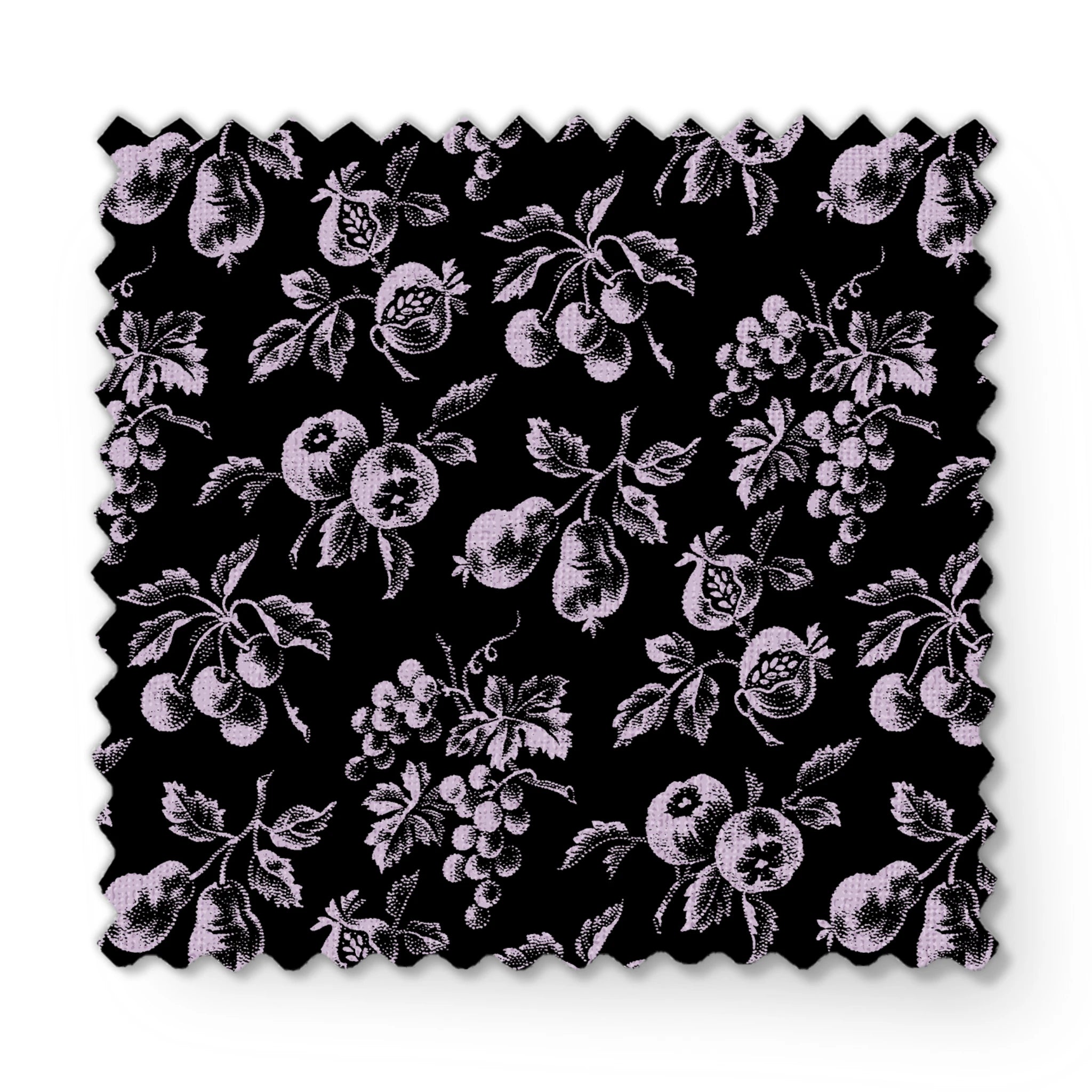 Elegant monochrome floral pattern with delicate white flowers scattered on a black background fabric swatch mockup