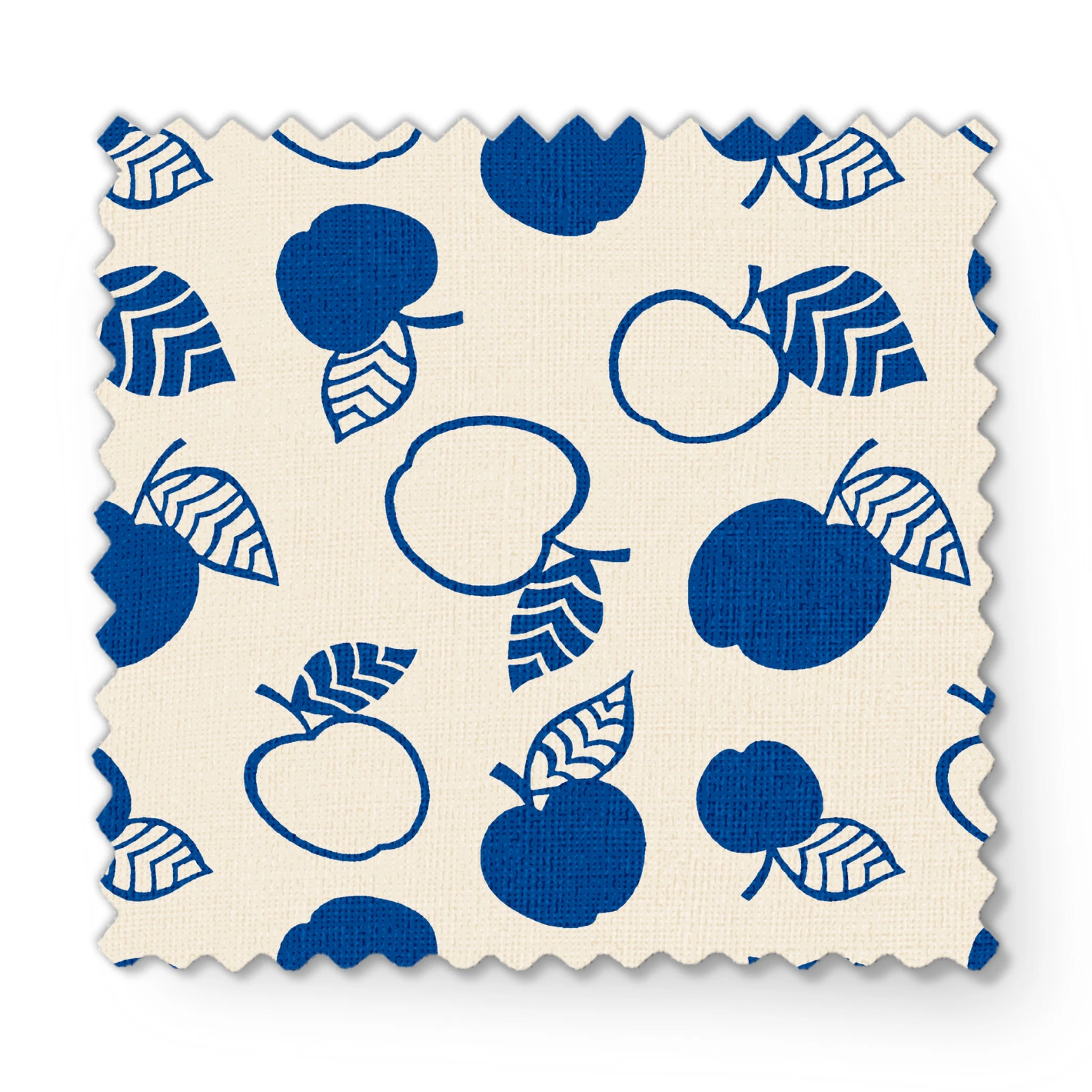 Blue apple illustrations and leaf outlines arranged in a scattered pattern on cream background. fabric swatch mockup
