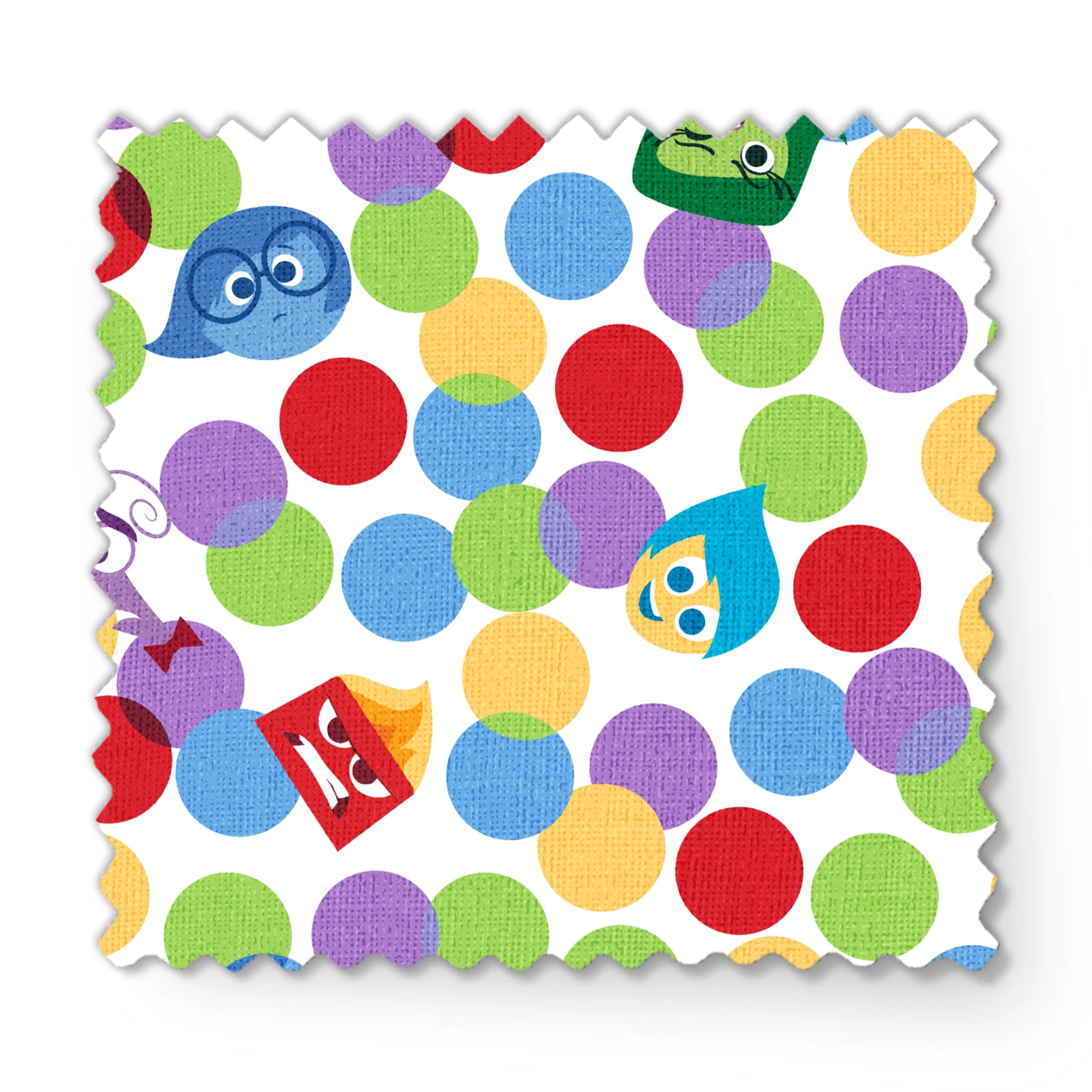 Colorful pattern with Inside Out characters scattered among multicolored polka dots fabric swatch mockup