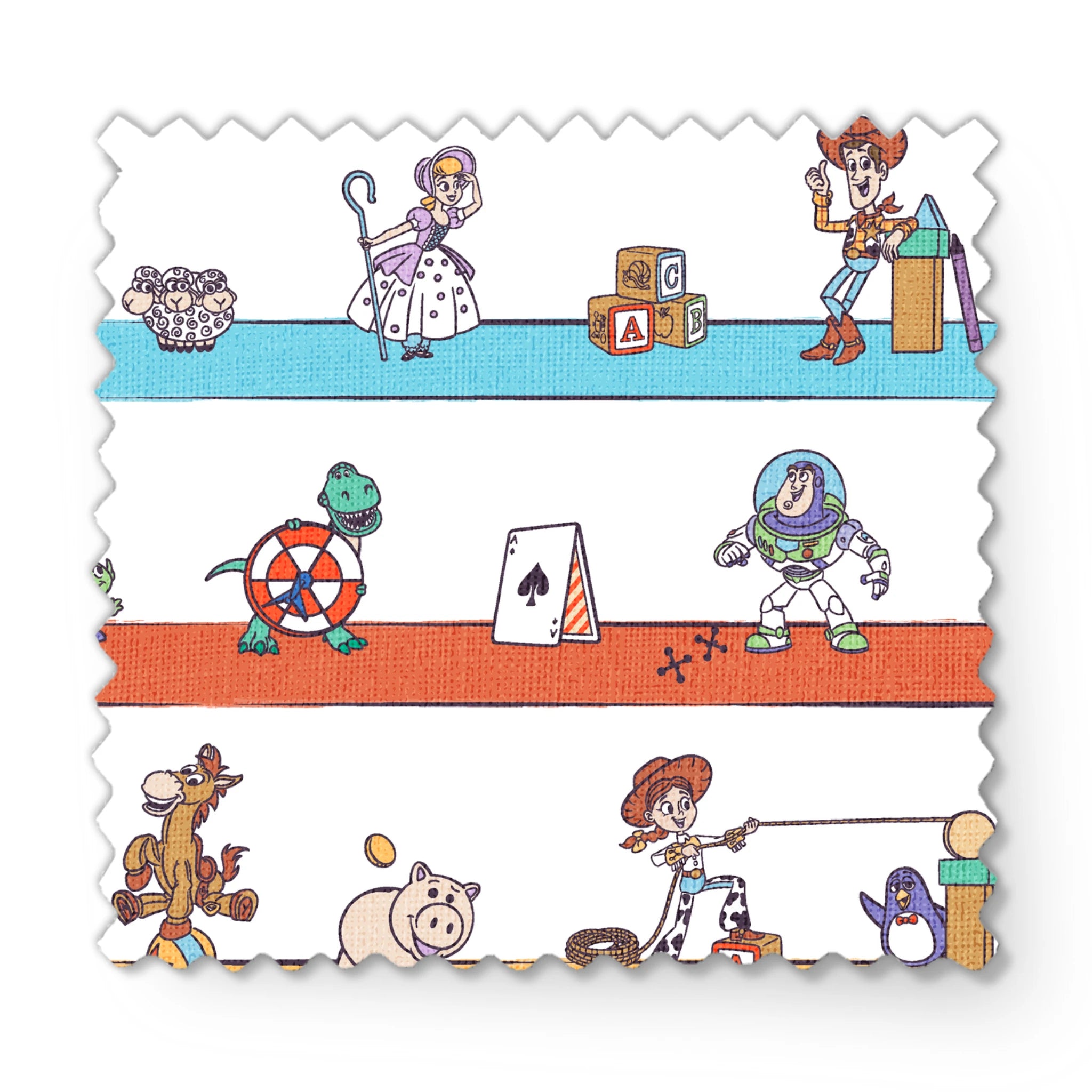 Cartoon illustration of three rows showing different Toy Story characters in action - Woody, Buzzlightyear, Jessie, & more! fabric swatch mockup