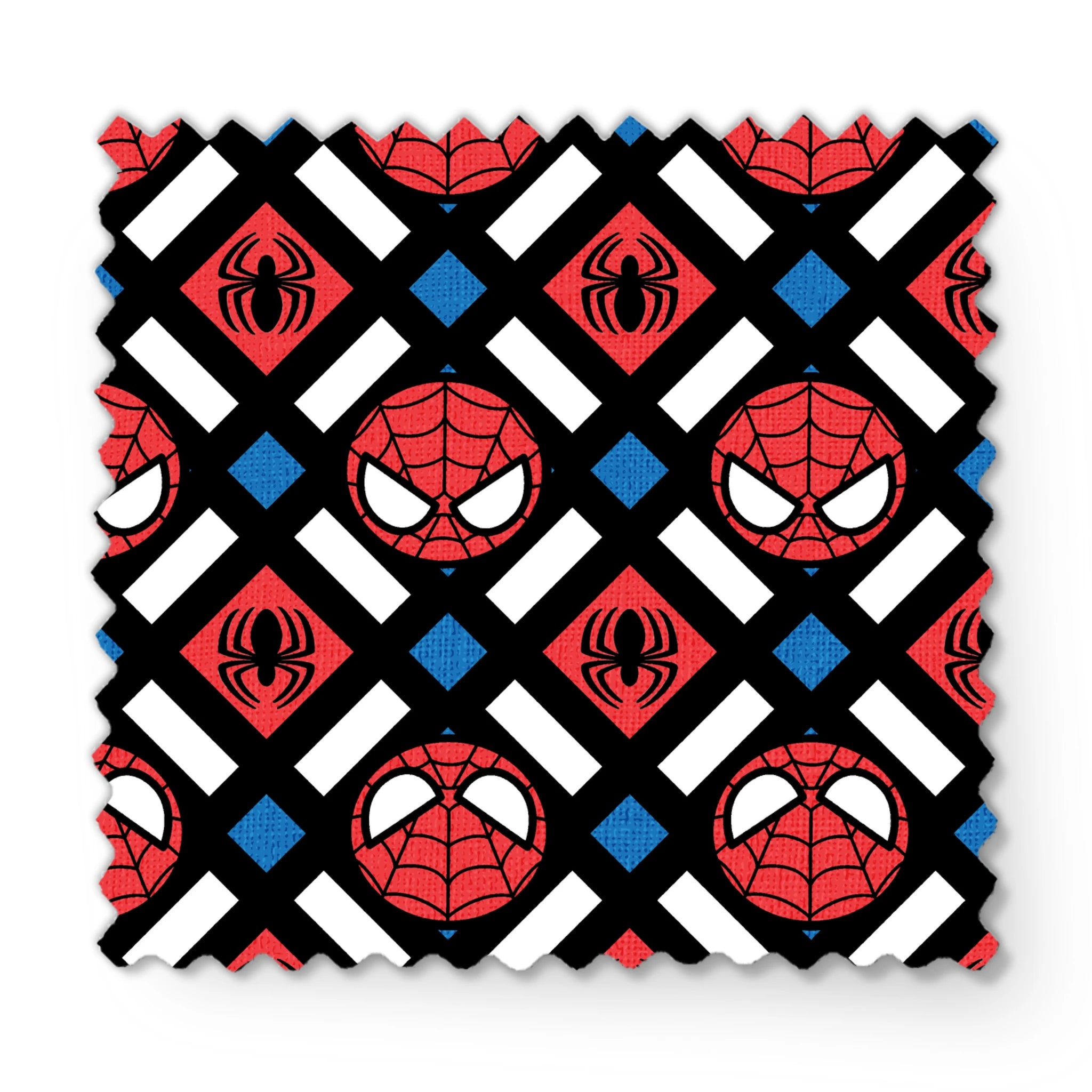 Spider-Man pattern with red masks, spider symbols, webs on black background with white X shapes and blue diamonds fabric swatch mockup