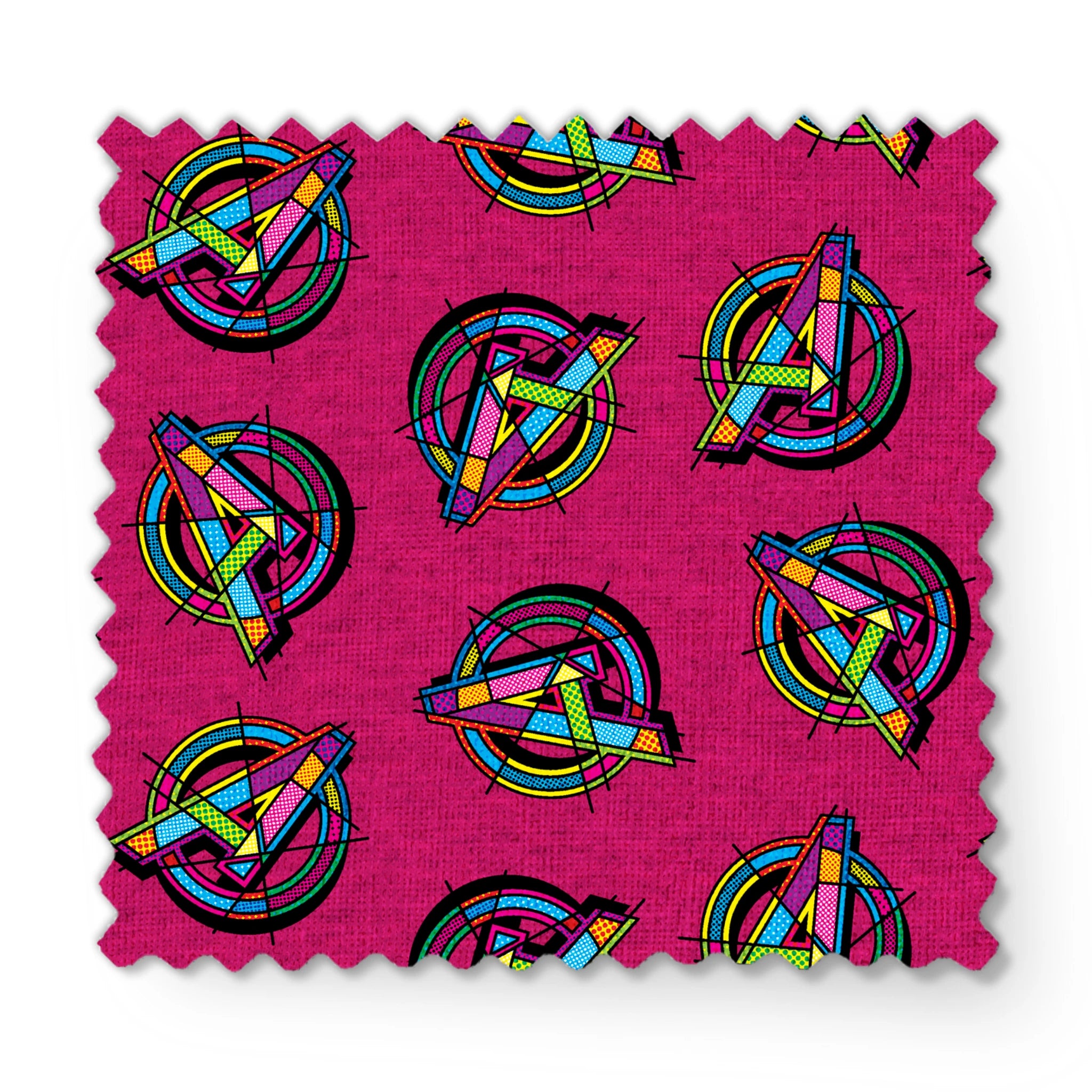 Vibrant Avengers pattern in neon colors on magenta background fabric swatch mockup