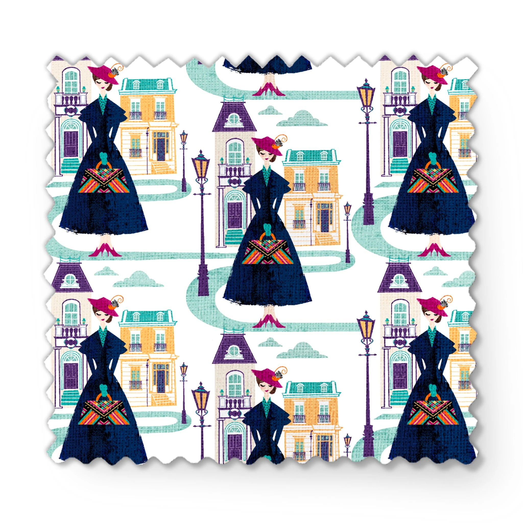 Illustrated pattern of Mary Poppins, standing among pastel townhouses and streetlamps. fabric swatch mockup