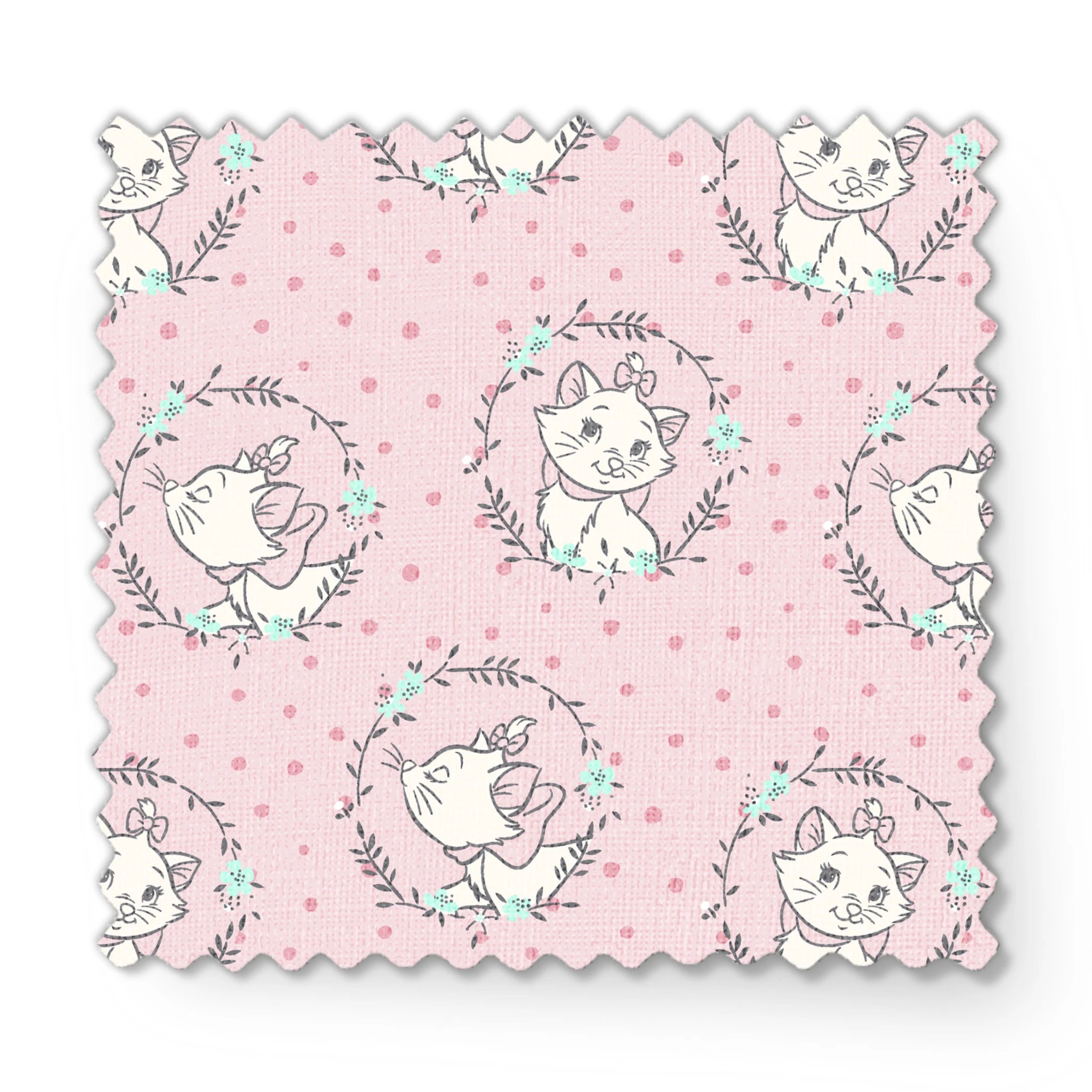 White cartoon cats in floral wreaths on pink polka dot background, seamless pattern fabric swatch mockup