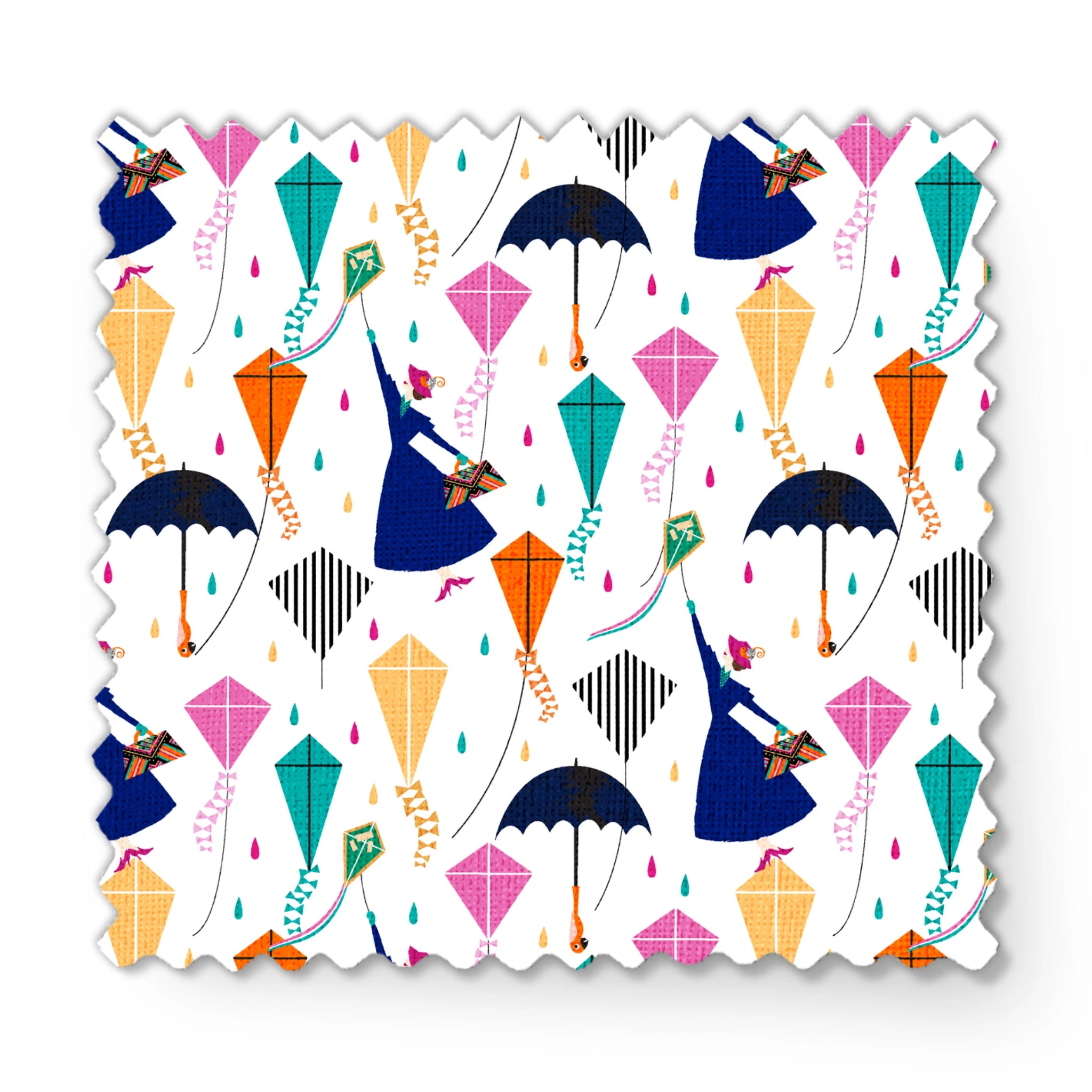 Colorful Mary Poppins pattern with umbrellas, featuring pink, orange, turquoise kites and navy umbrellas on white background fabric swatch mockup