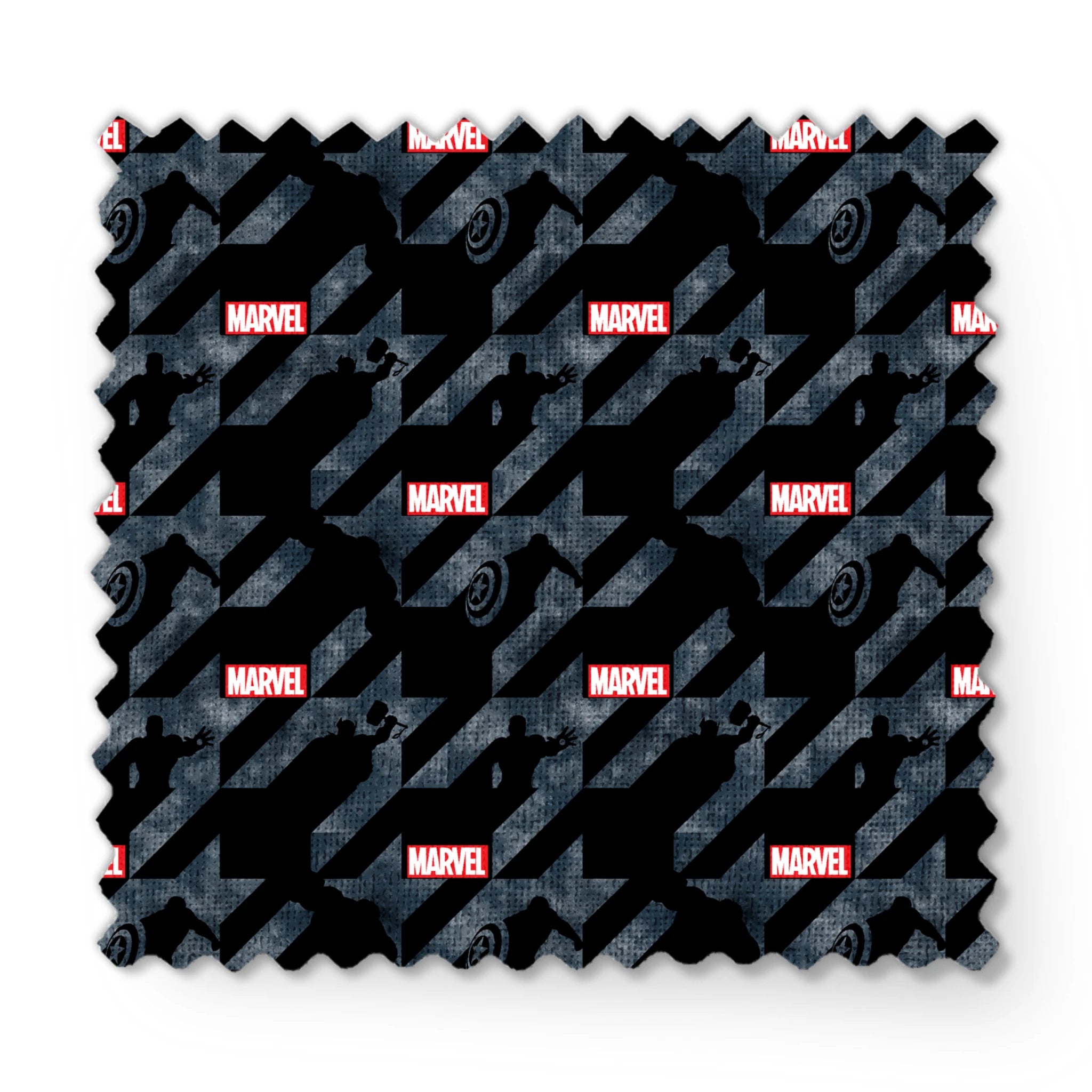 Marvel logo with silhouettes of superheroes against dark gray diagonal stripes background fabric swatch mockup
