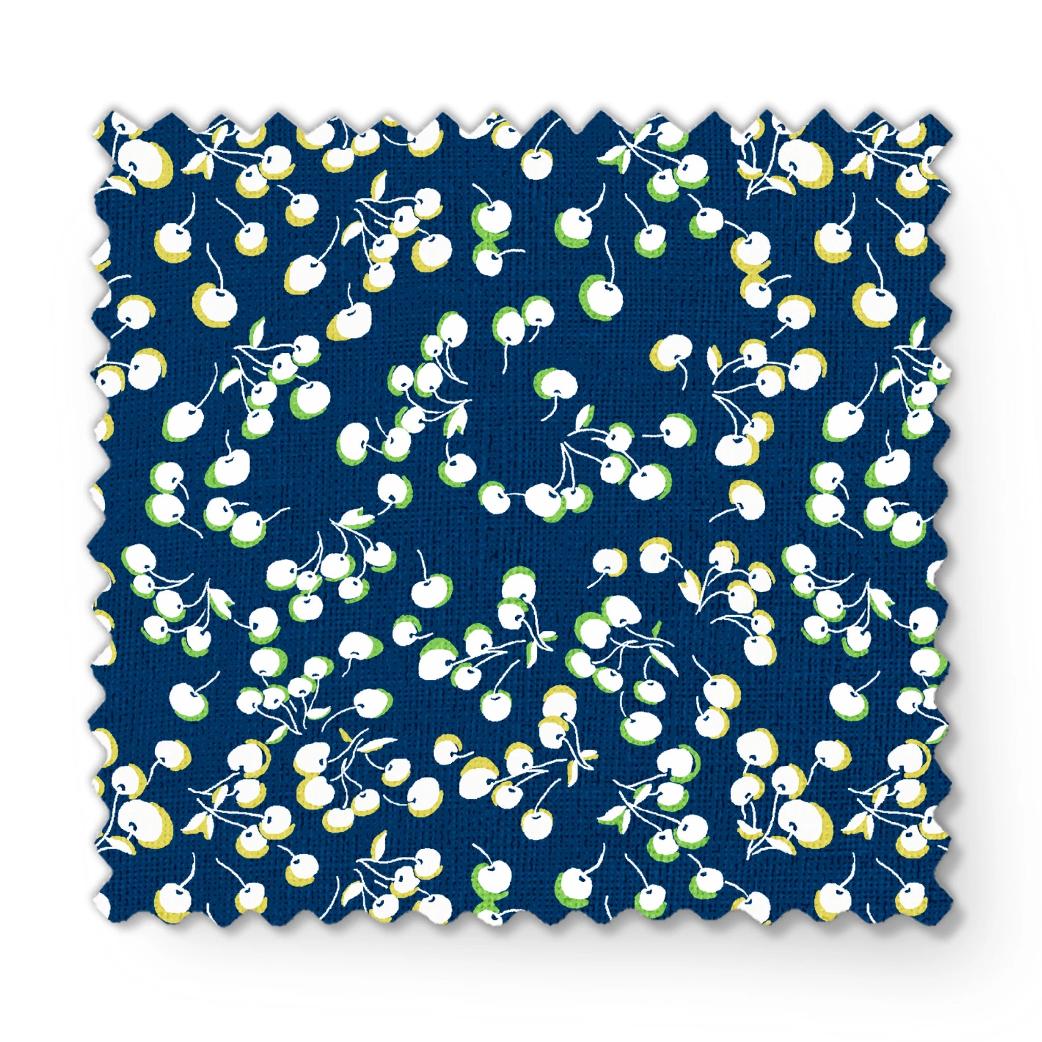 Delicate white and yellow floral pattern scattered across a deep navy blue background fabric swatch mockup