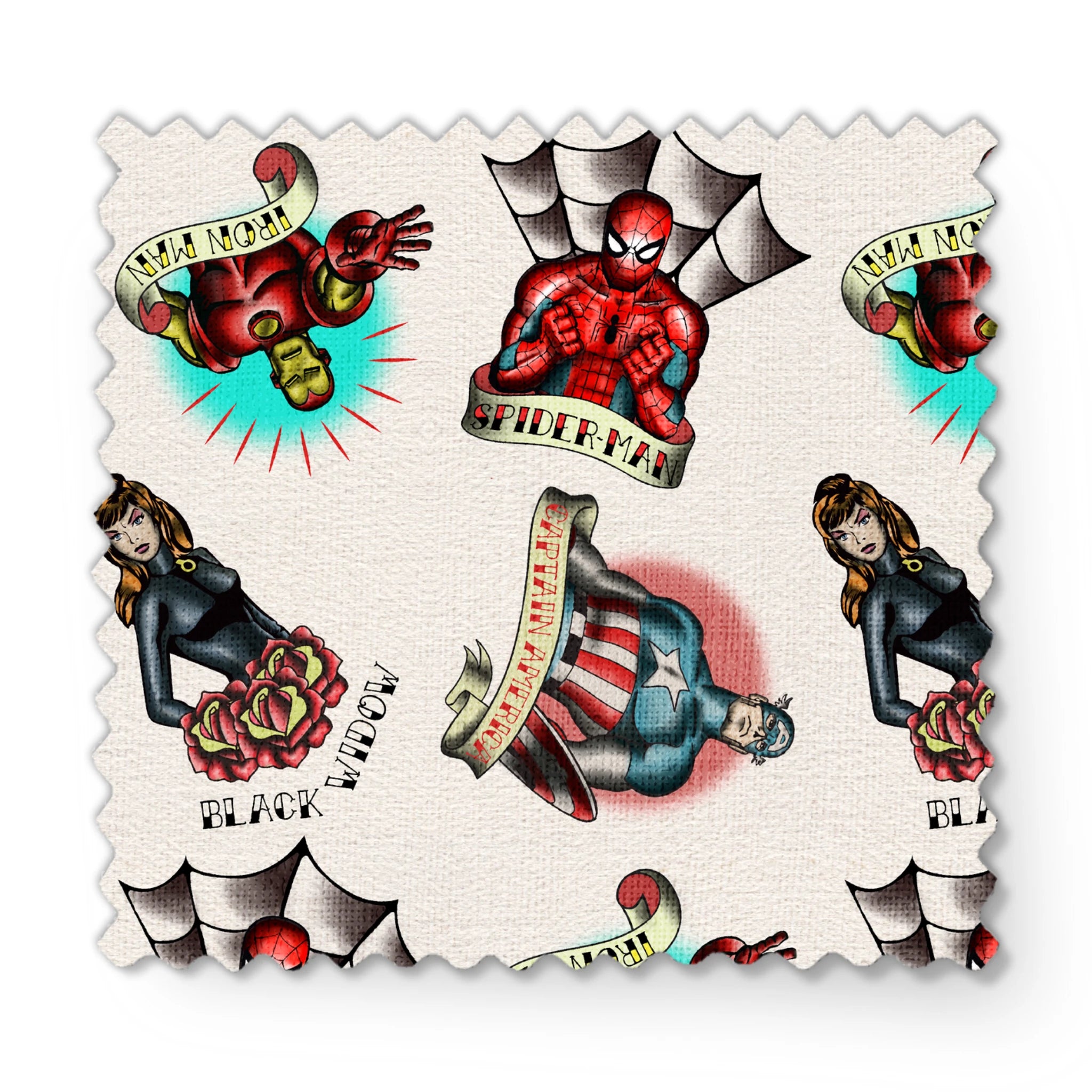 Traditional tattoo flash art designs featuring black panthers, hearts with daggers, spider webs, and colorful elements on cream background fabric swatch mockup