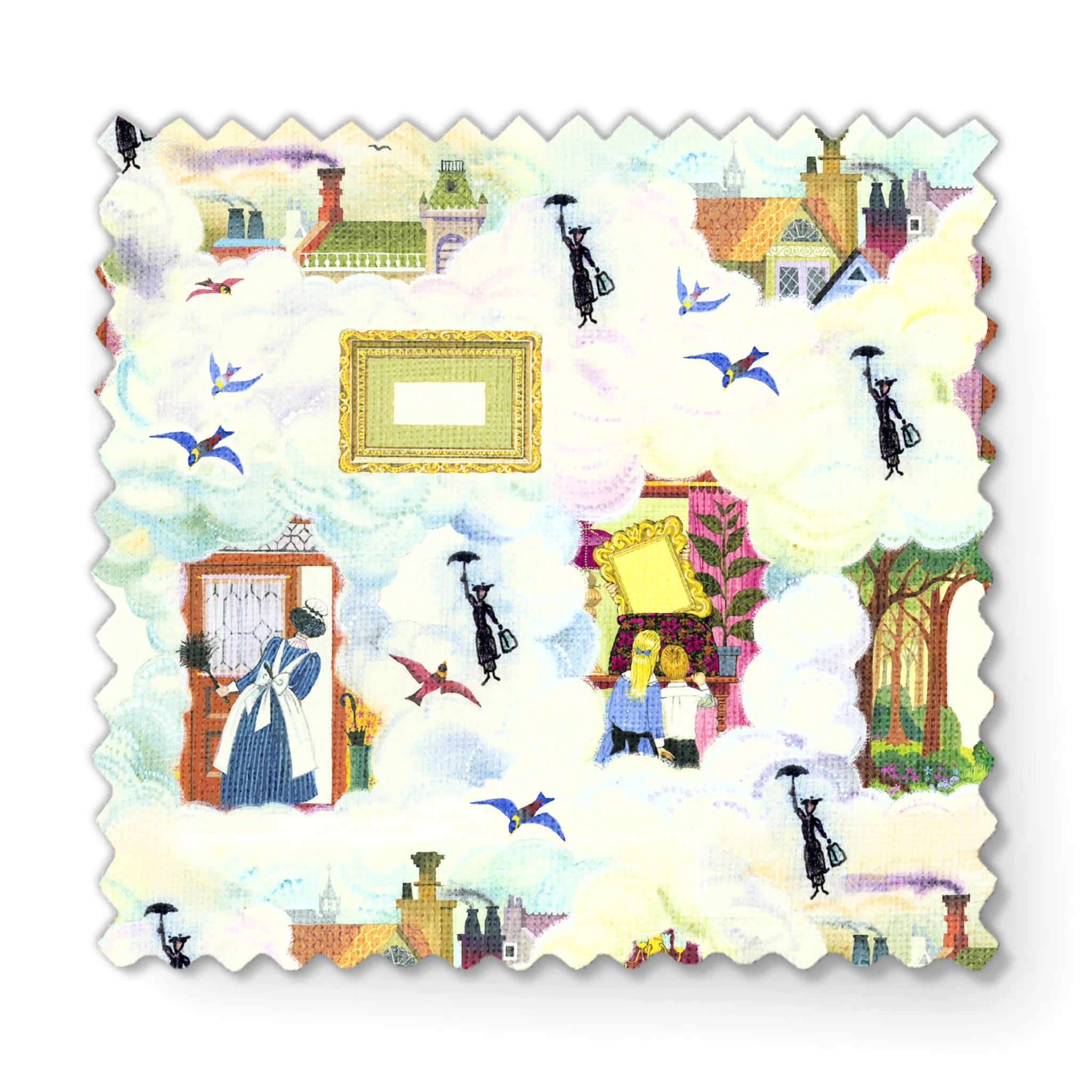 Whimsical pattern with colorful illustrated doorways, frames, and Mary Poppins with umbrellas on a pale blue background fabric swatch mockup