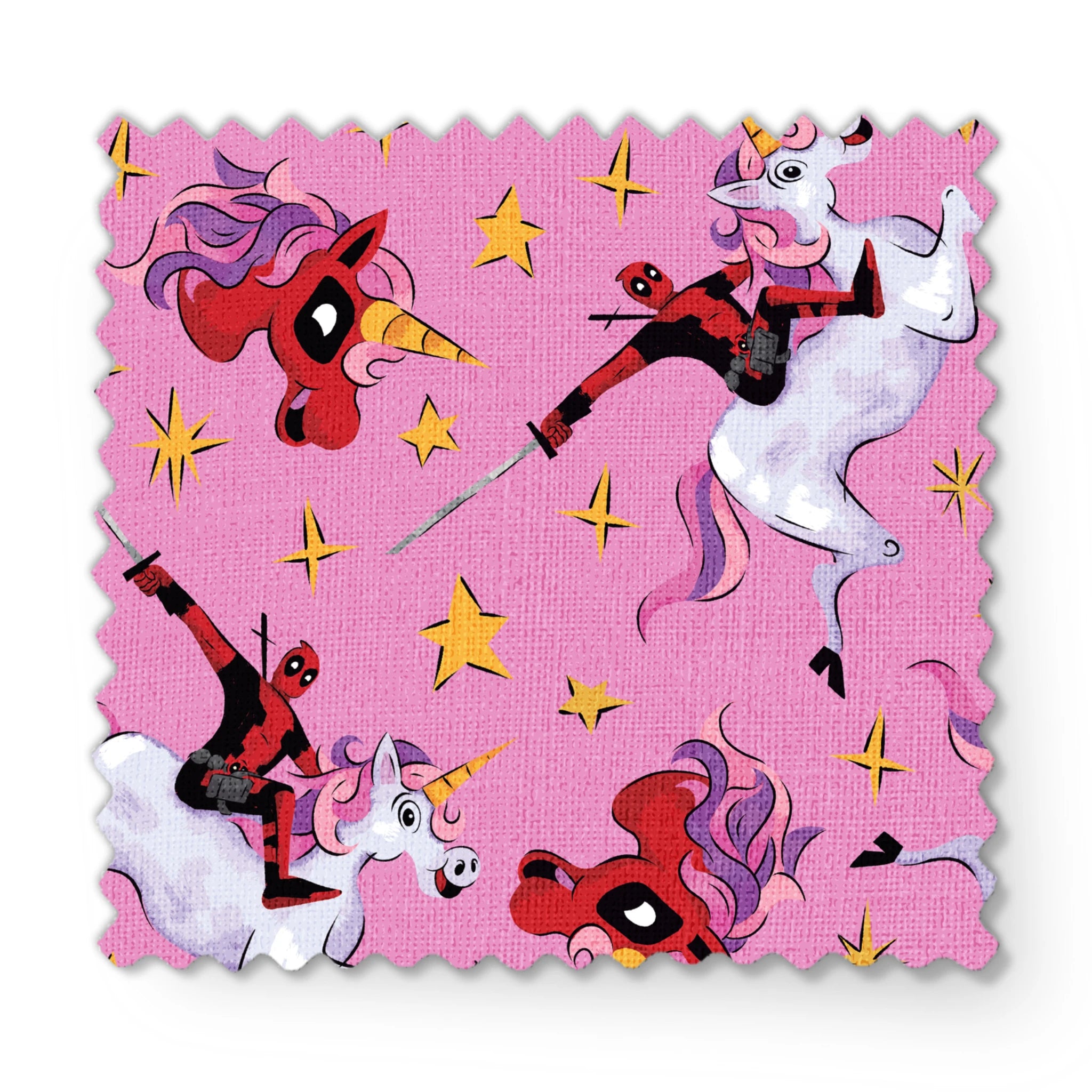 Cartoon character in red riding white unicorns with purple manes against pink starry background fabric swatch mockup