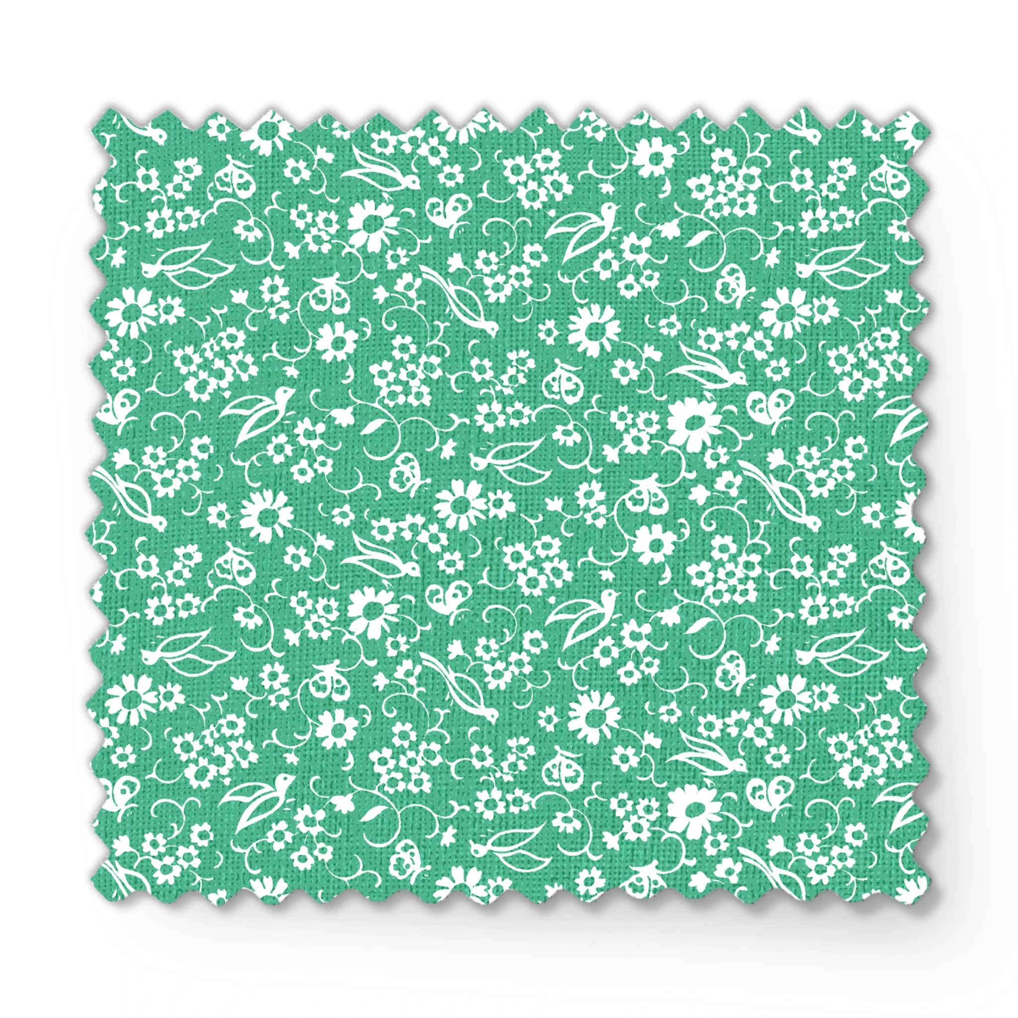 White floral pattern with delicate blooms and leaves on a mint green background fabric swatch mockup
