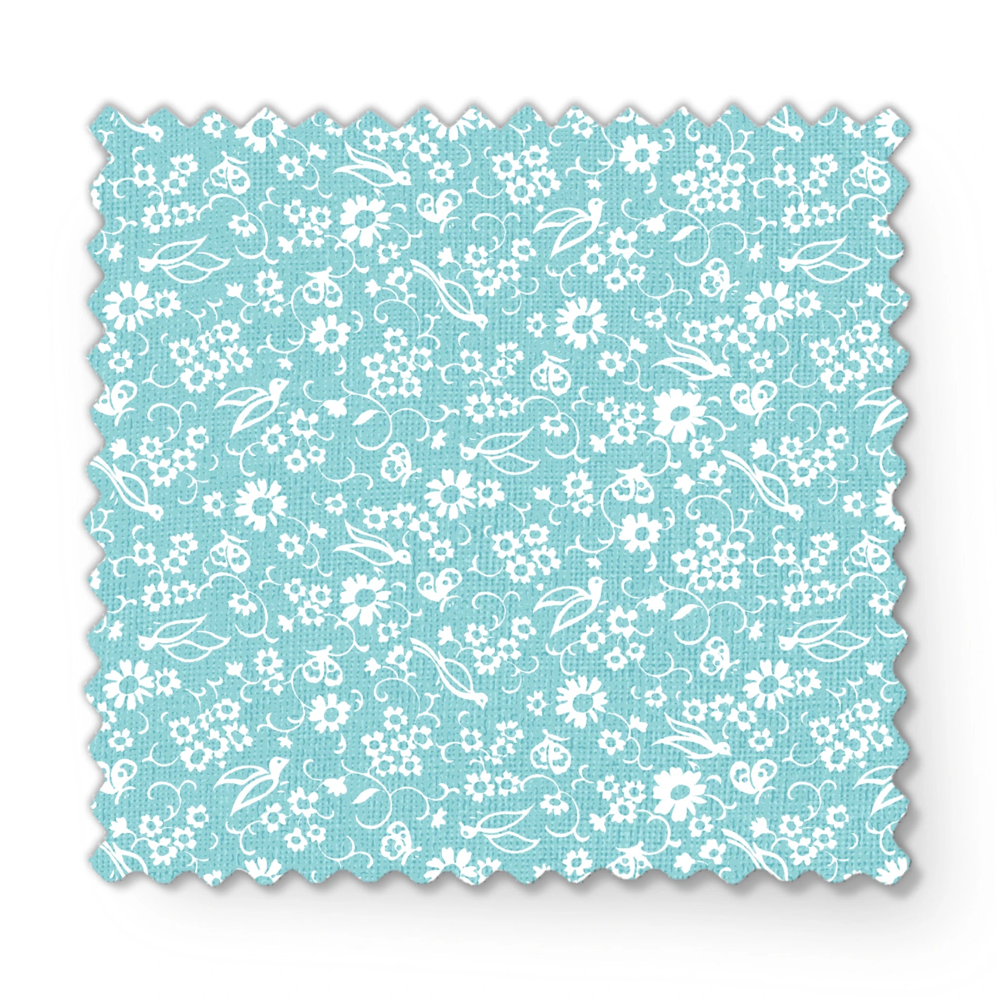 Delicate white floral pattern on a soft turquoise background with swirling leaf motifs fabric swatch mockup