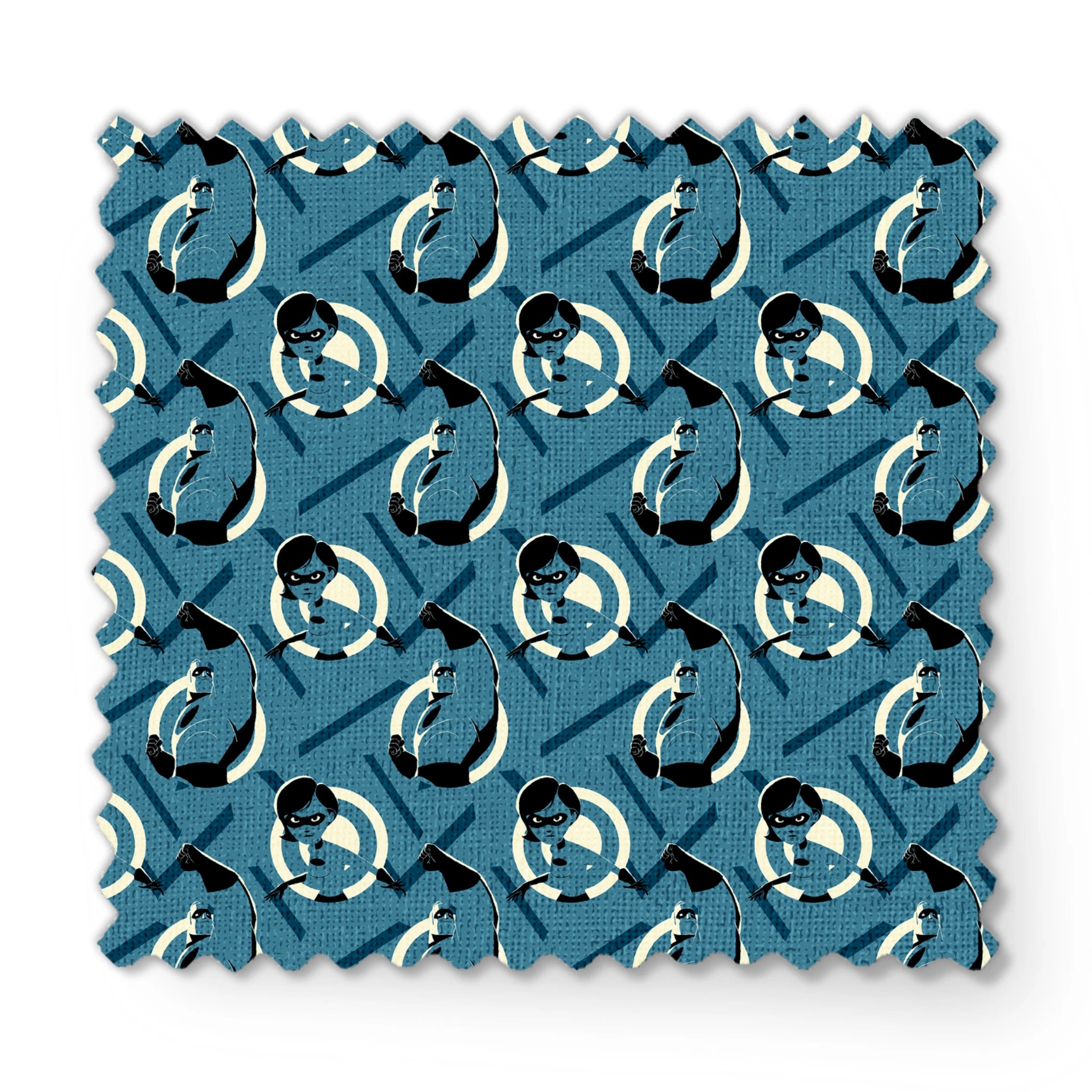 Stylized Mr. Incredible in blue and black with raised fist against geometric circular background fabric swatch mockup