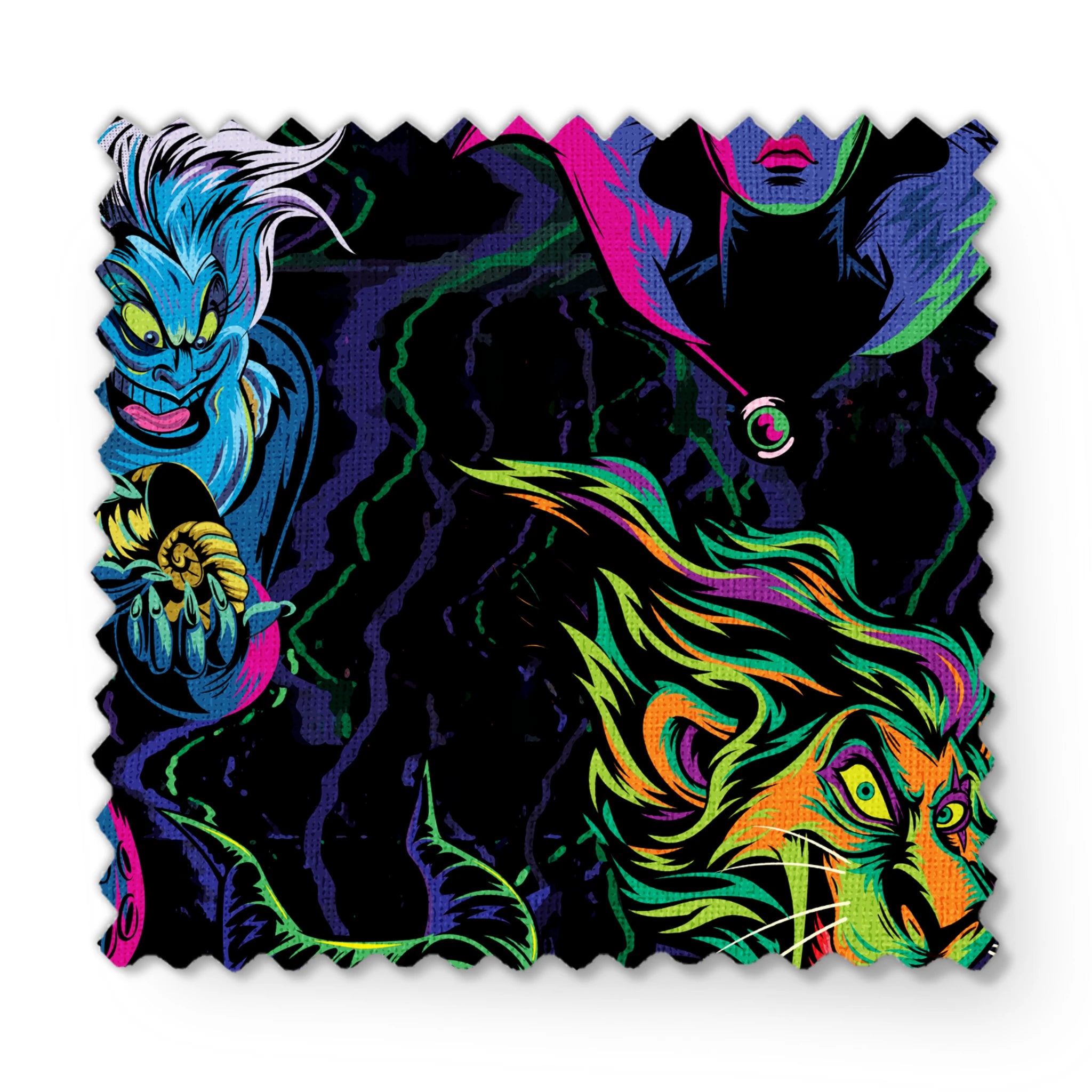 Colorful Disney villains in neon colors against black background fabric swatch mockup