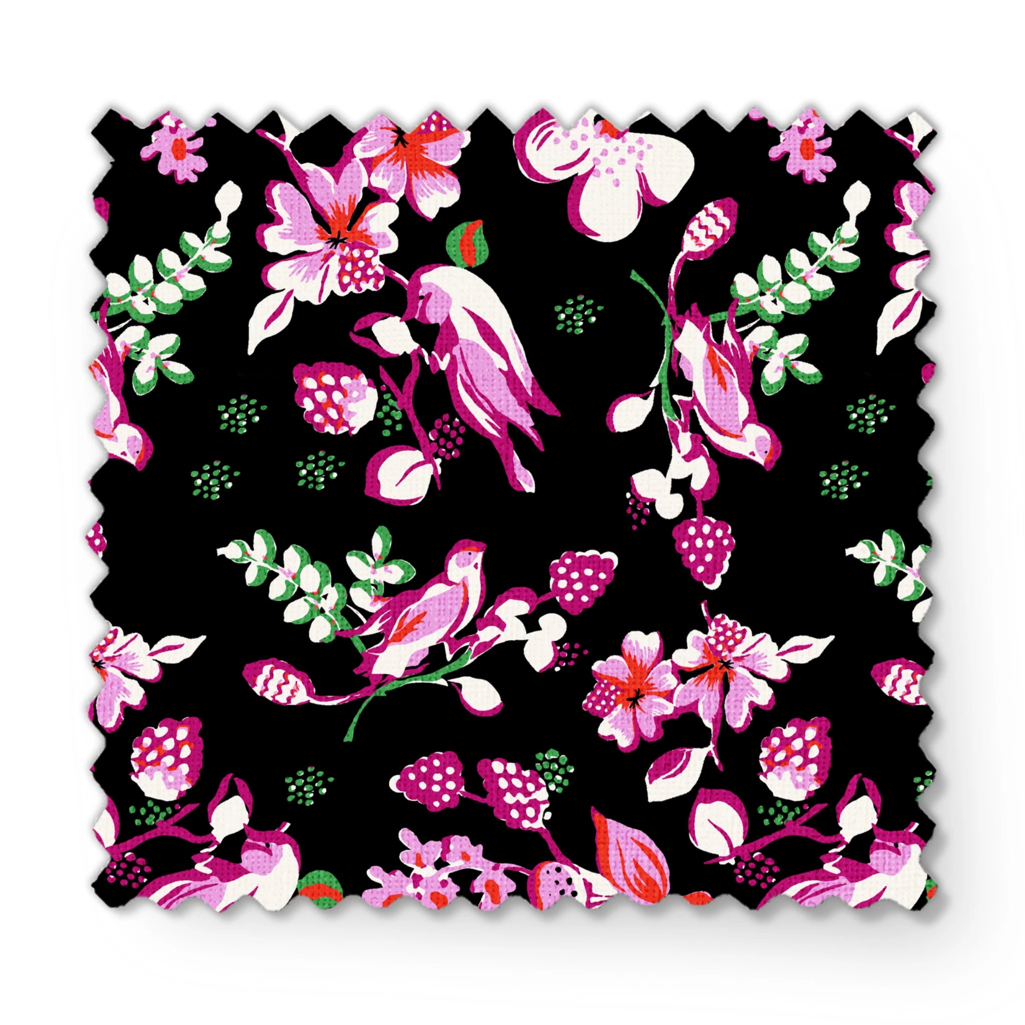 Vibrant pink birds and flowers pattern on black background with strawberry accents fabric swatch mockup