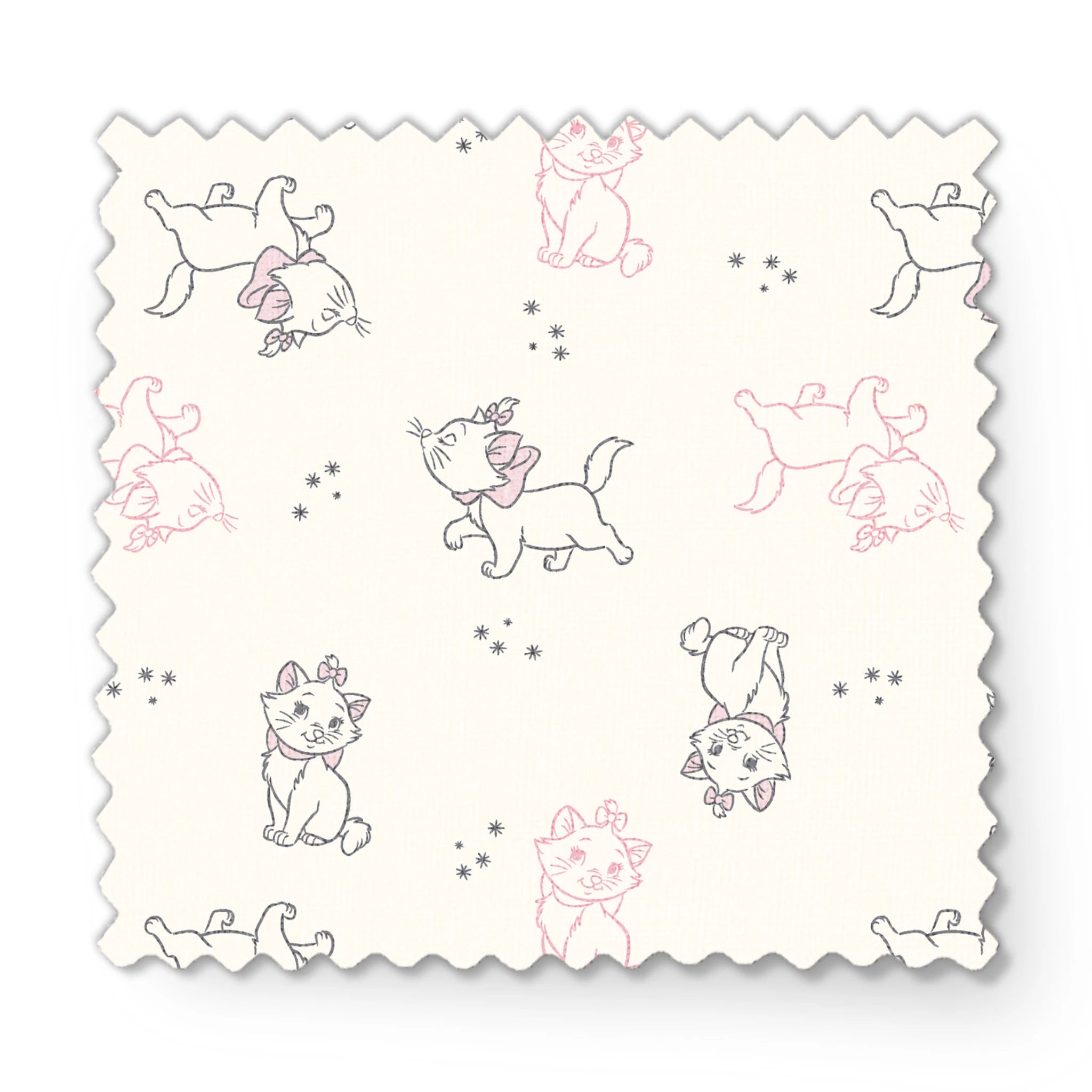 Line drawing pattern of Marie in pink and gray on cream background with small star accents fabric swatch mockup