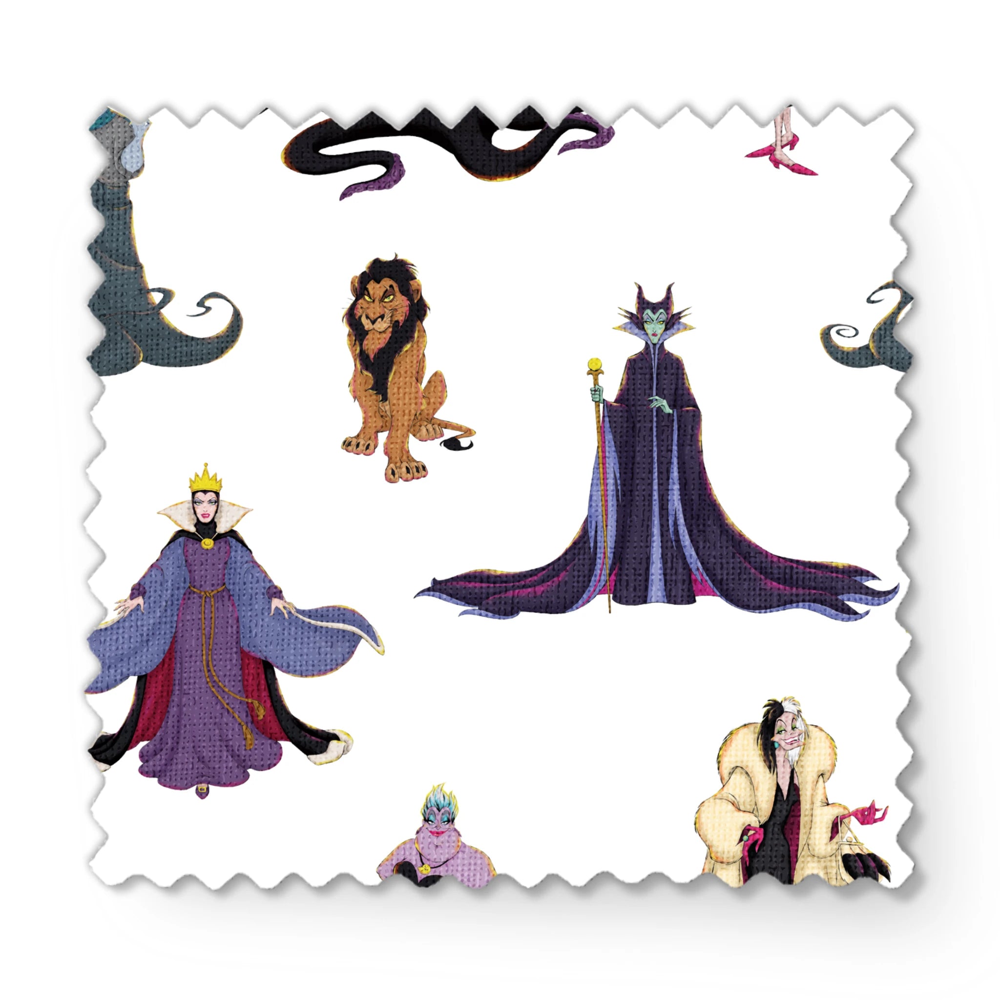Disney villains pattern with Evil Queen, Scar, Maleficent, Ursula, and Cruella on white background fabric swatch mockup