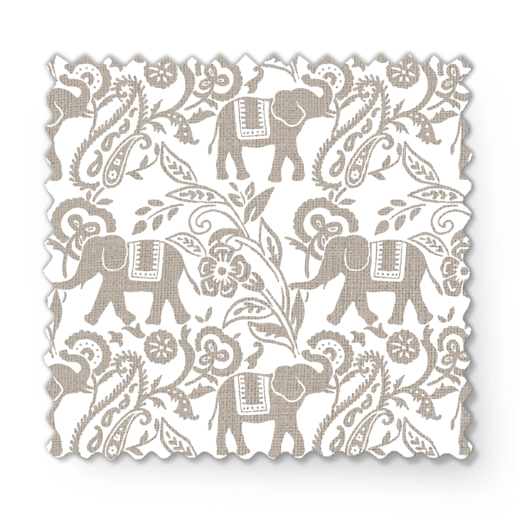 Gray elephants with decorative blankets amid swirling floral and paisley patterns on white background fabric swatch mockup