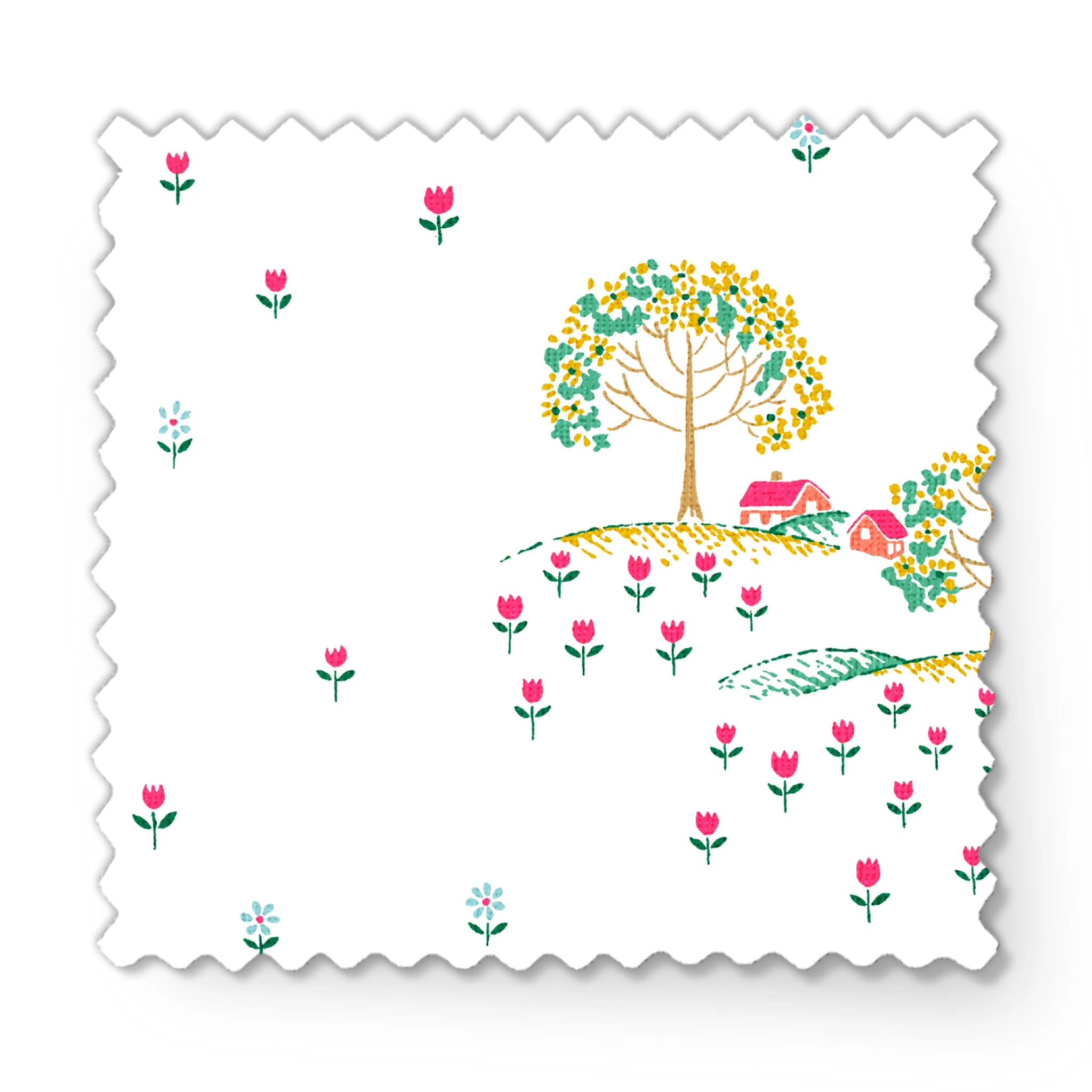 Whimsical pattern of colorful trees on small hills with scattered tiny flowers on a white background fabric swatch mockup