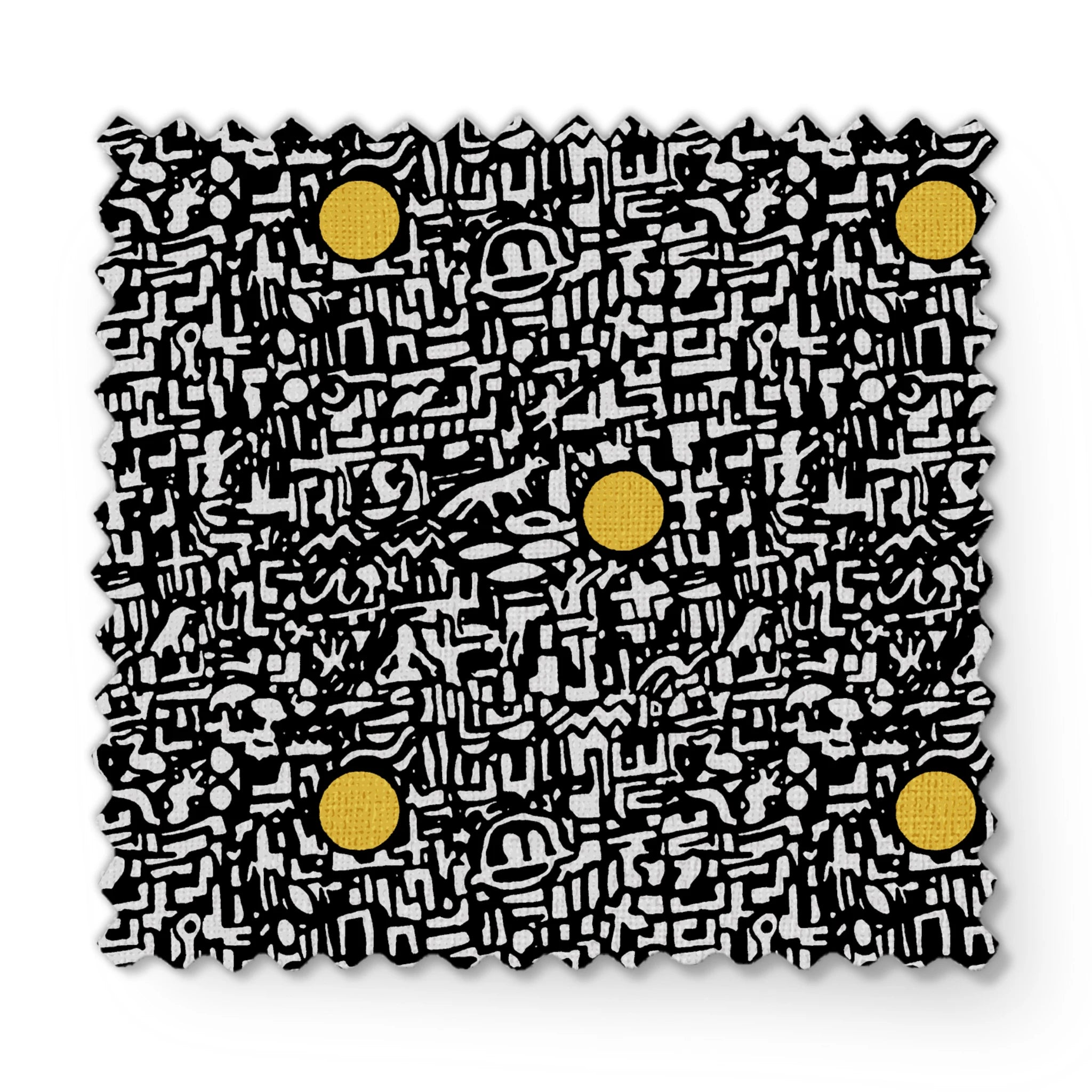 Abstract black and white maze pattern with scattered golden yellow dots arranged in a grid fabric swatch mockup