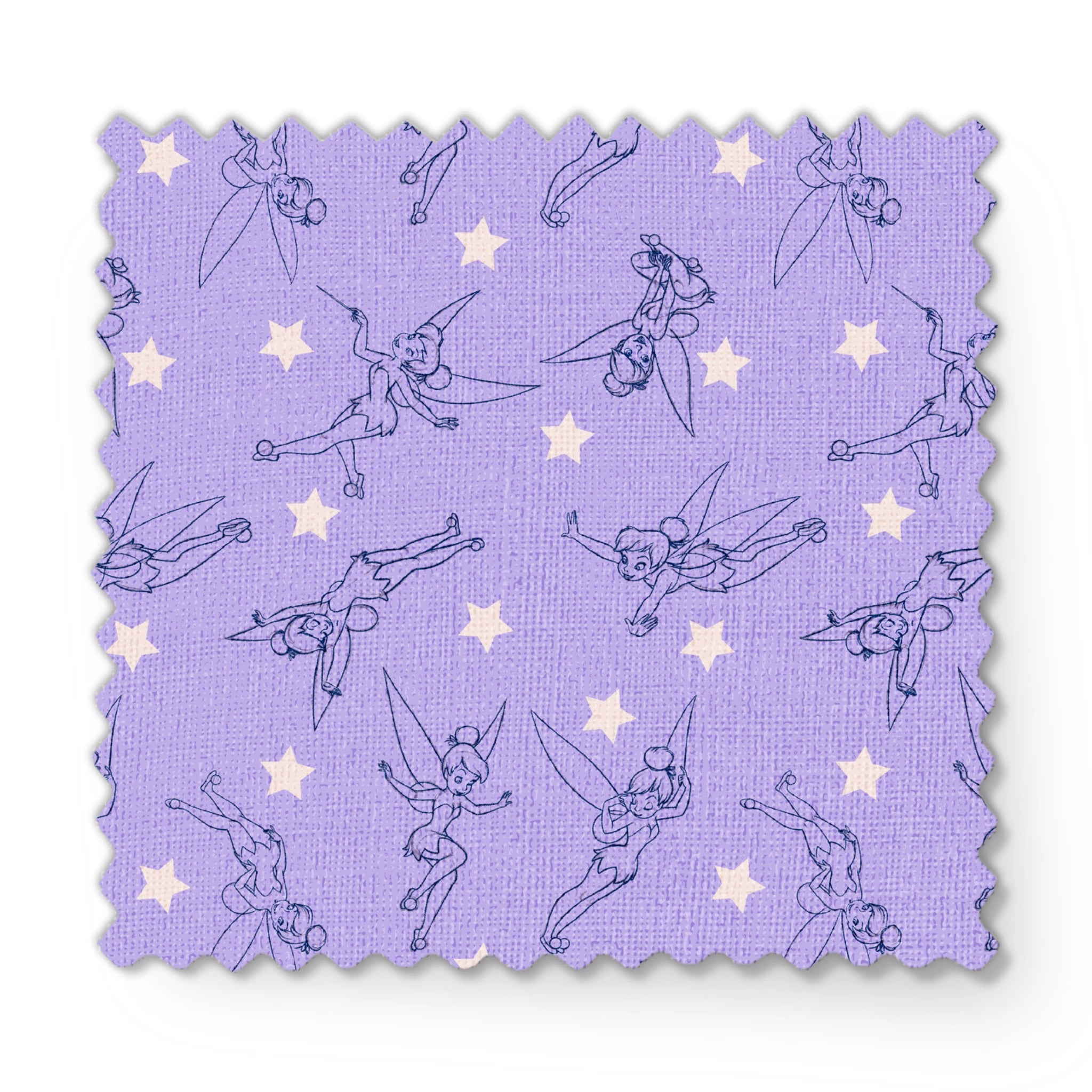 Tinker Bell dancing across a lavender purple background with white stars fabric swatch mockup