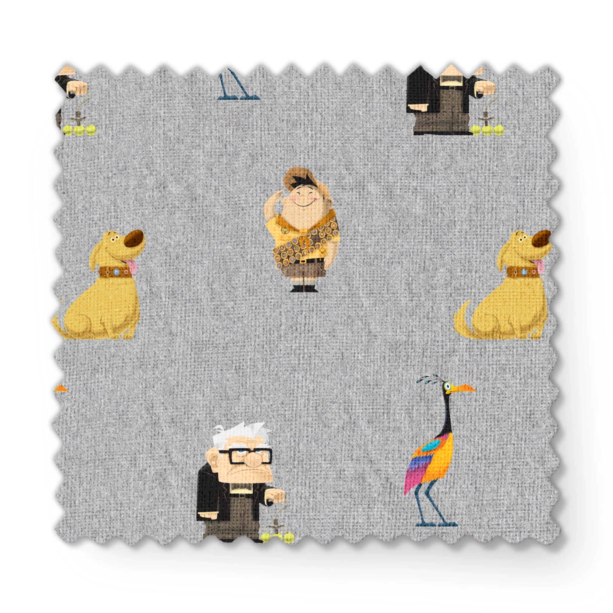 Up pattern with wilderness explorer characters, yellow birds, and colorful details on gray background fabric swatch mockup